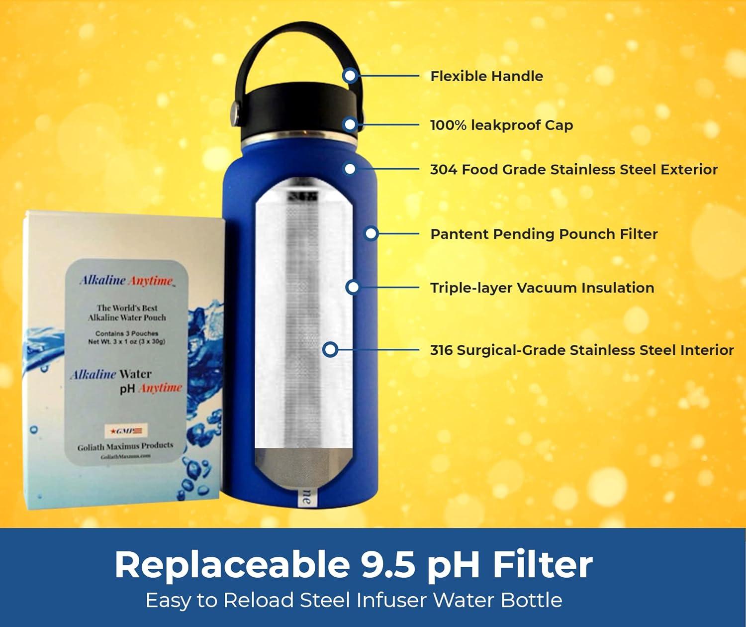 32oz. Alkaline Water Bottle Stainless Steel | Creates pH Water up to 9.5+ pH | Wide Mouth Vacuum Insulated With Handle | Micromesh Pouch and Infuser