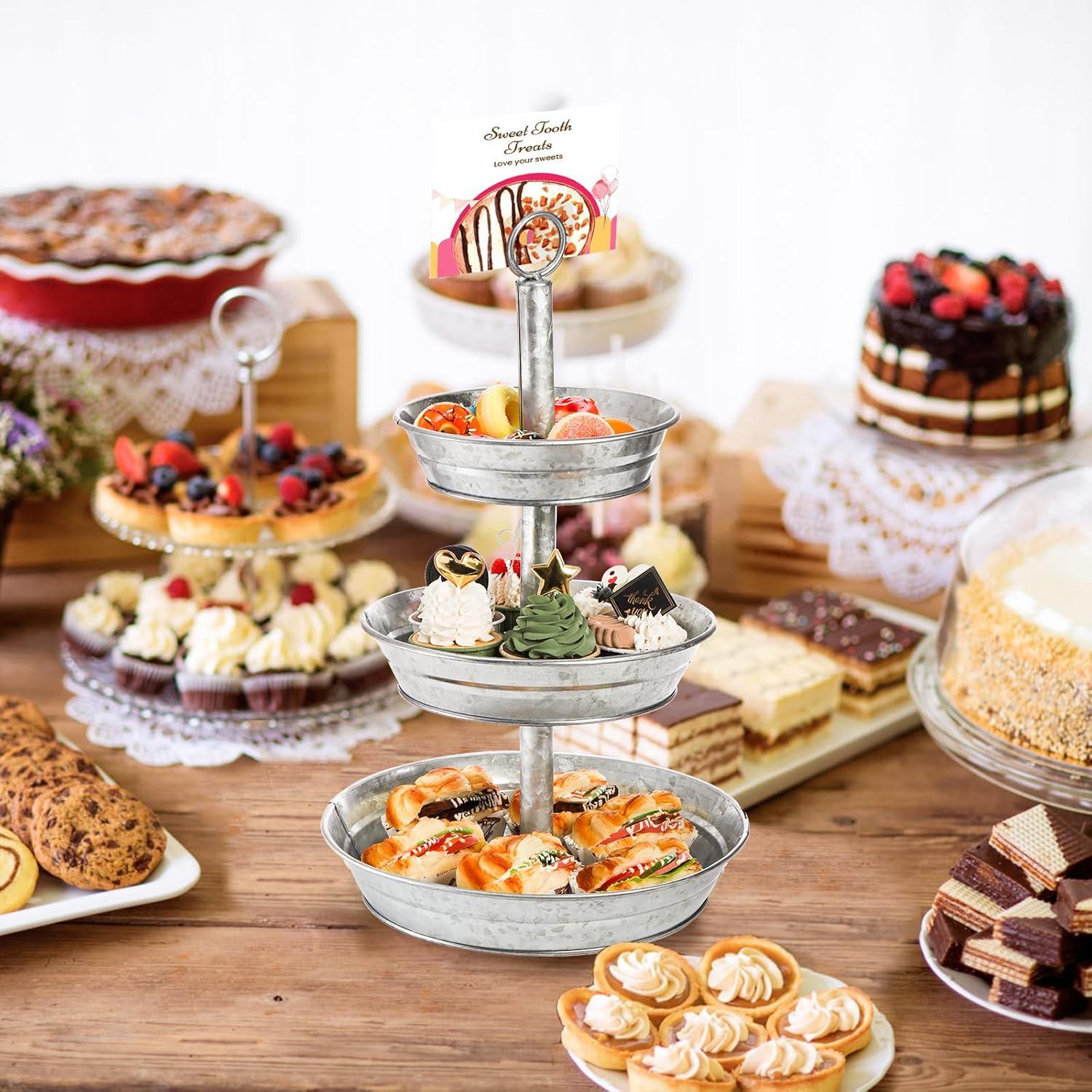 3 Tier Serving Tray - Galvanized, Rustic Metal Stand. Dessert, Cupcake, Fruit & Party Three Tiered Platter. Country Farmhouse Vintage Decor for The Kitchen, Home, Farm & Outdoor by Hallops