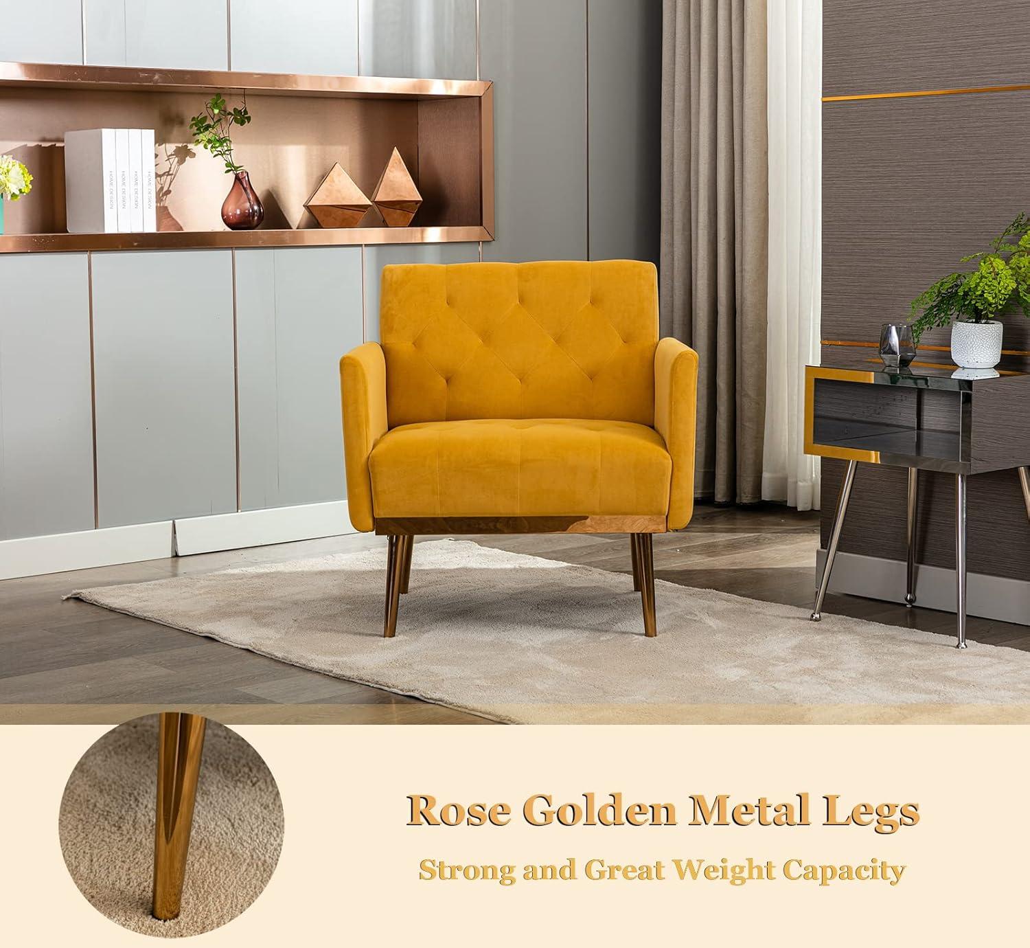 Mustard Velvet Barrel Accent Chair with Rose Gold Trim