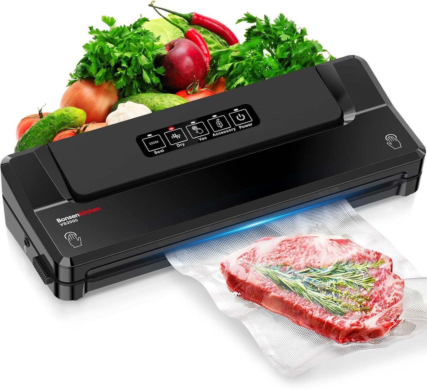 Bonsenkitchen Multi-Functional Food Vacuum Sealer with Globefish Technology for High-Speed Continuous Working, Vacuum Bags & Accessory Hose, Black