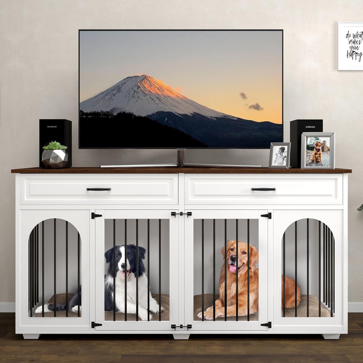 Tucker Murphy Pet™ 74.8" XXL Double Dog Kennel Furniture For Large Breed,Heavy Duty Wooden Dog Crate Cage Furniture Style With Storage Rack And Divider For 2 Dogs Indoor,White & Reviews | Wayfair