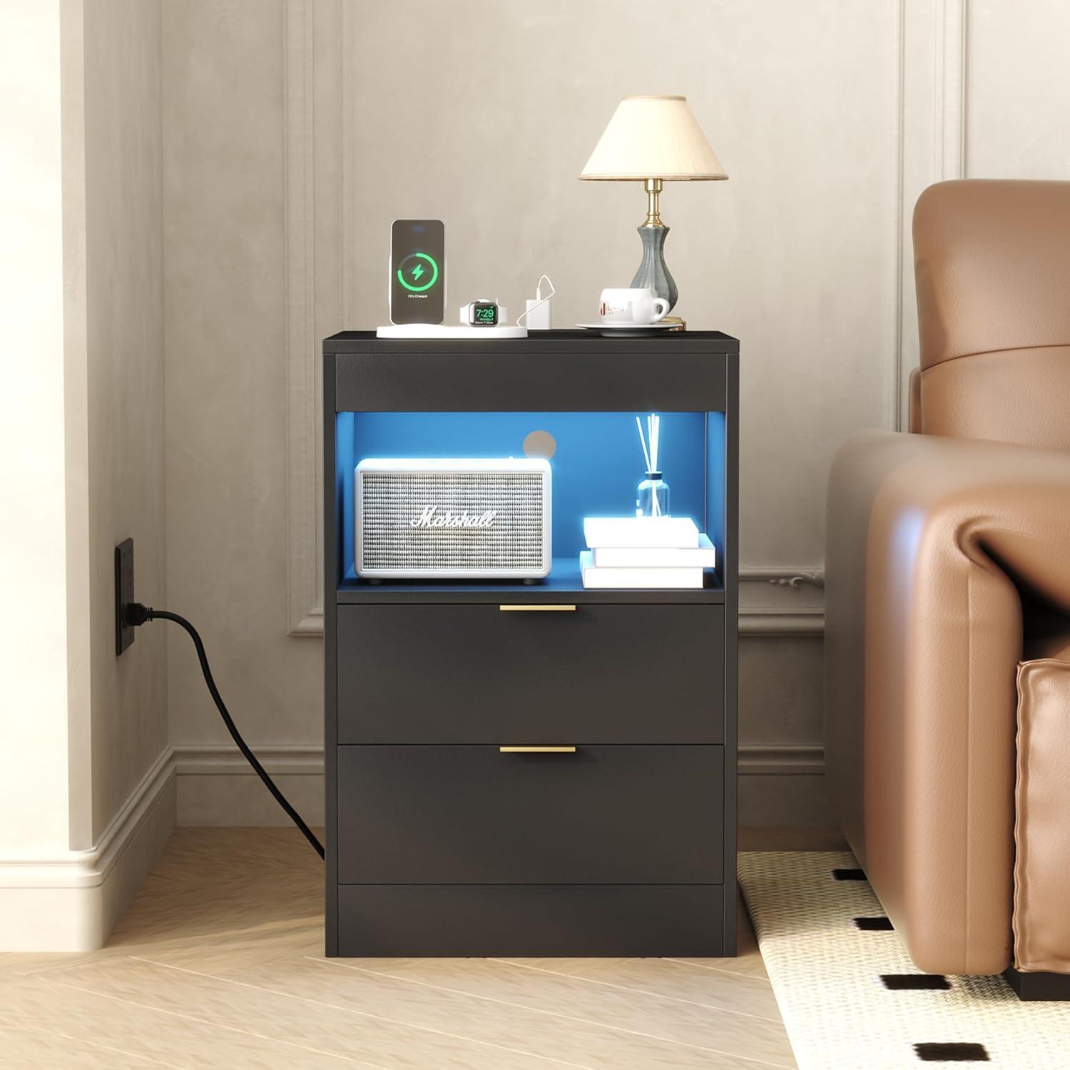 Black MDF Nightstand with LED Lights and Charging Station