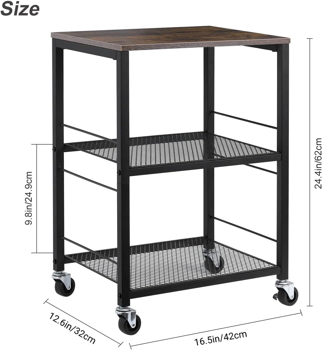 Brown and Black Metal 3-Tier Rolling Kitchen Cart with Storage