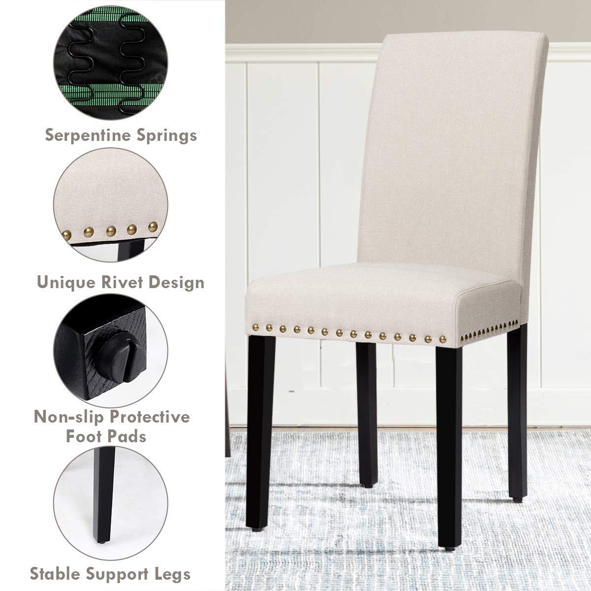 Costway Set of 2 Fabric Dining Chairs Upholstered with Nailhead Trim Beige
