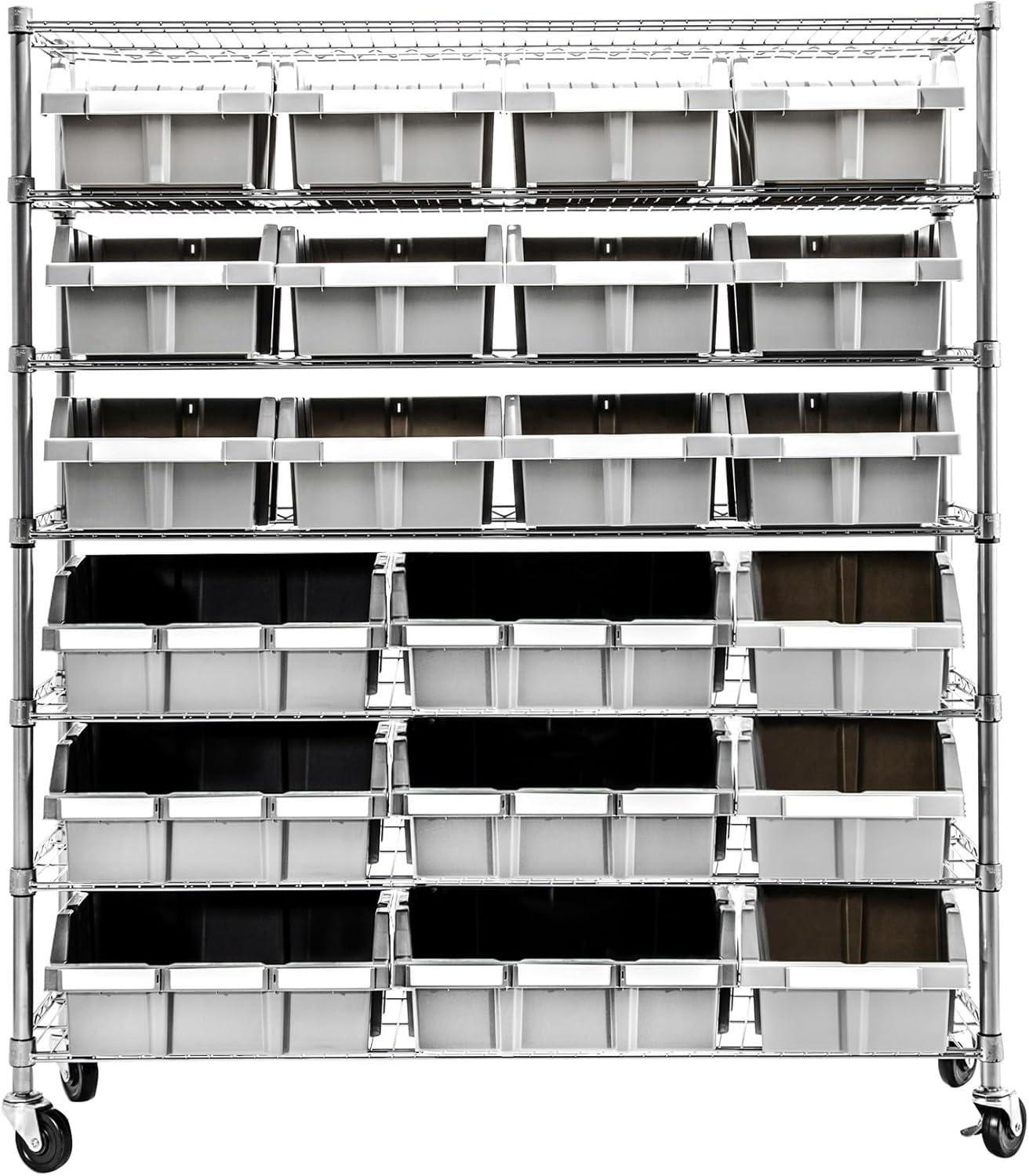 Extra-Wide Gray Steel 7-Tier Bin Rack with 21 Bins