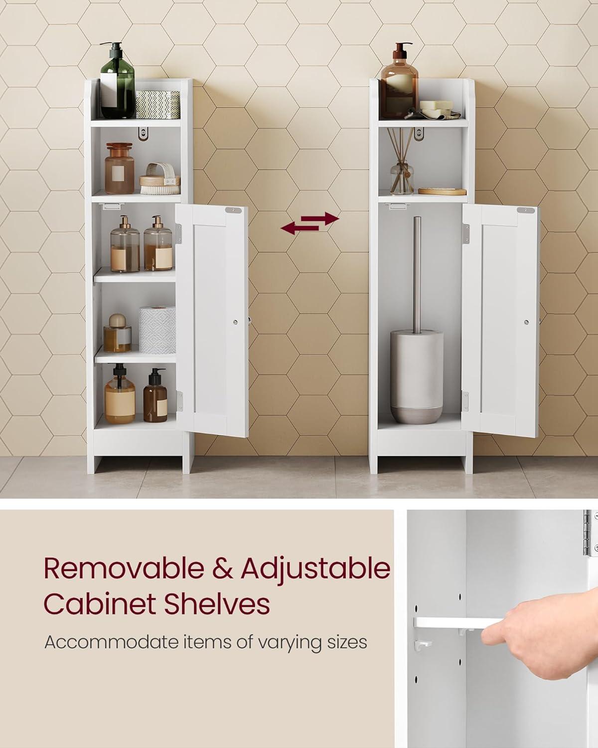 White MDF Narrow Bathroom Storage Cabinet with Adjustable Shelves