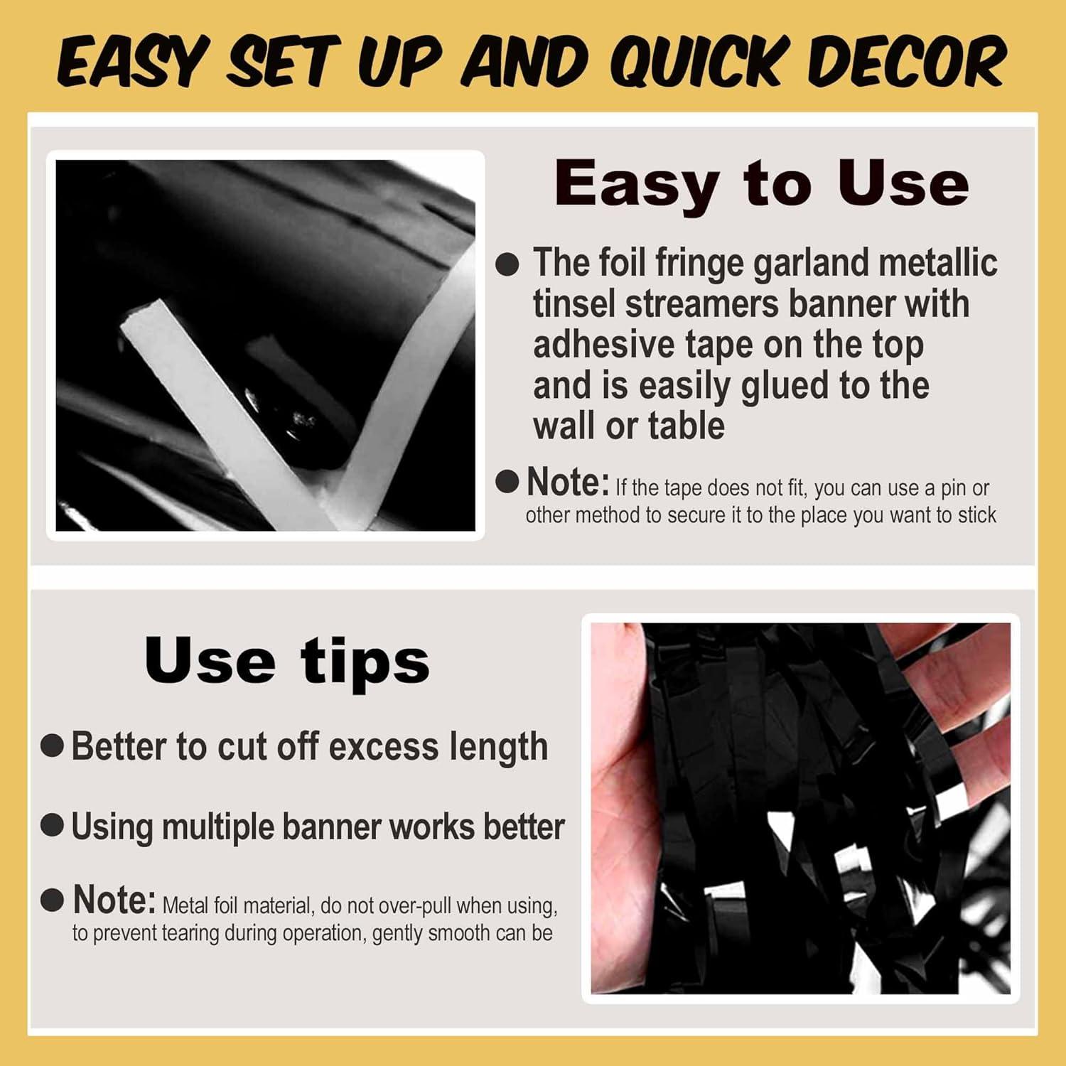 6 Pack 10 Feet Metallic Foil Fringe Garland Tinsel Streamers, Boriyuan Wall Hanging Fringe Backdrop Banner for Parade Floats, Wedding, Birthday, Christmas, New Year Party Decorations (Black)