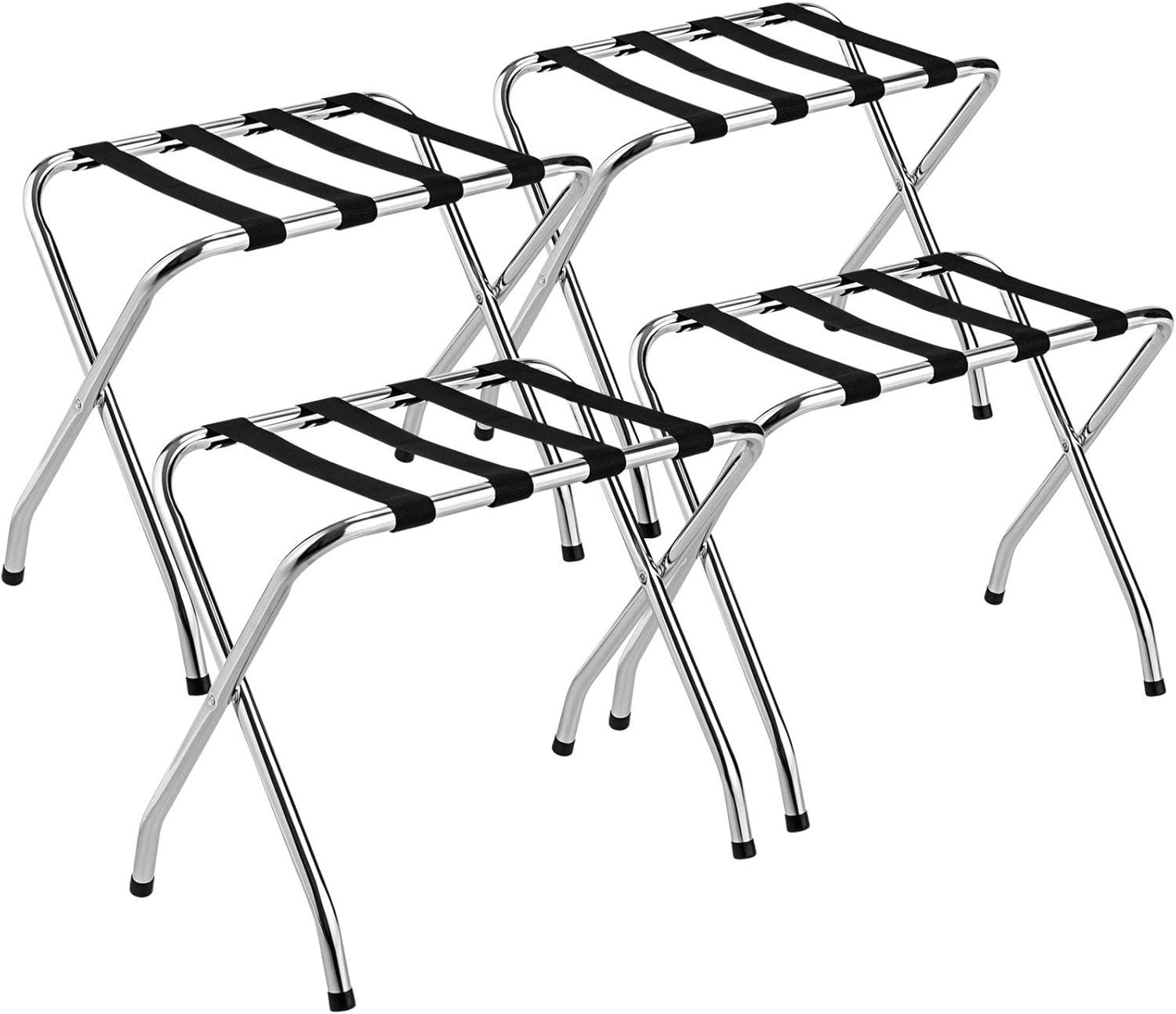 Chrome Luggage Rack for Guest Room, Folding Metal Bag Suitcase Holder with Nylon Straps, Luggage Stand Ideal for Home Bedroom Guest Room Hotel, No Assembly Required (4)