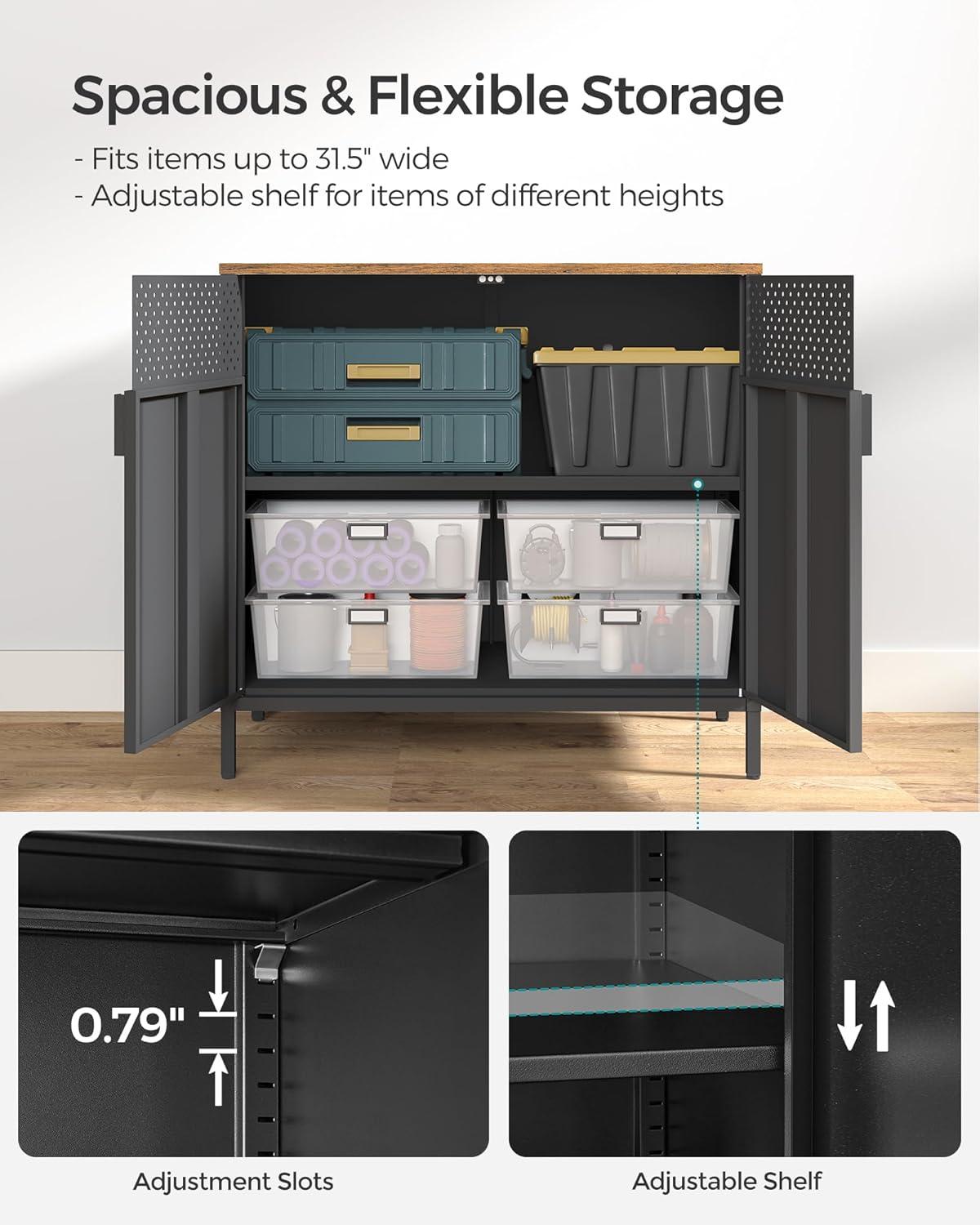 Storage Sideboard, Buffet Table with Adjustable Shelves, Floor Storage Cupboard, Steel Frame, Rustic Brown and Black ULSC102B01