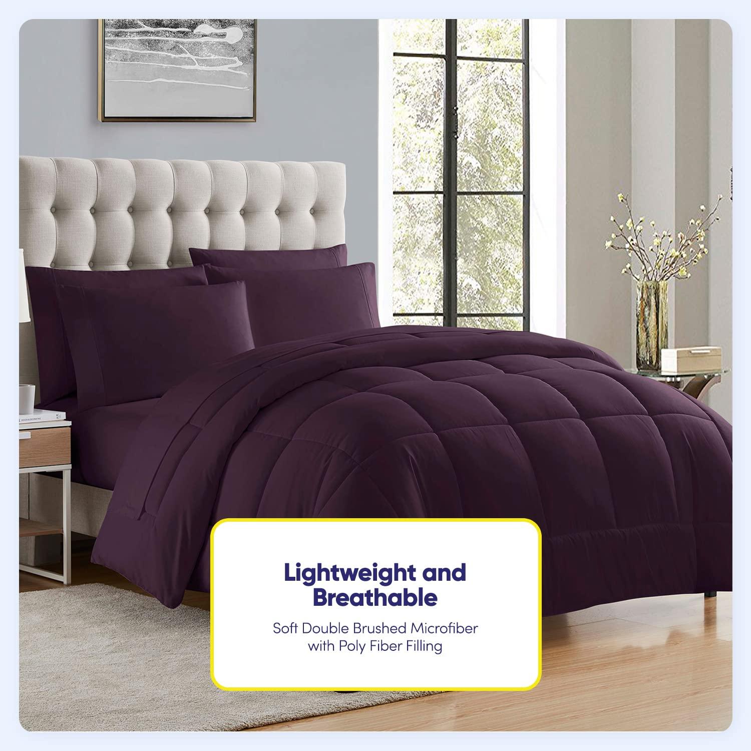 Bed-in-A-Bag Solid Color Comforter & Sheet Set Soft All Season Bedding, Twin XL, Purple