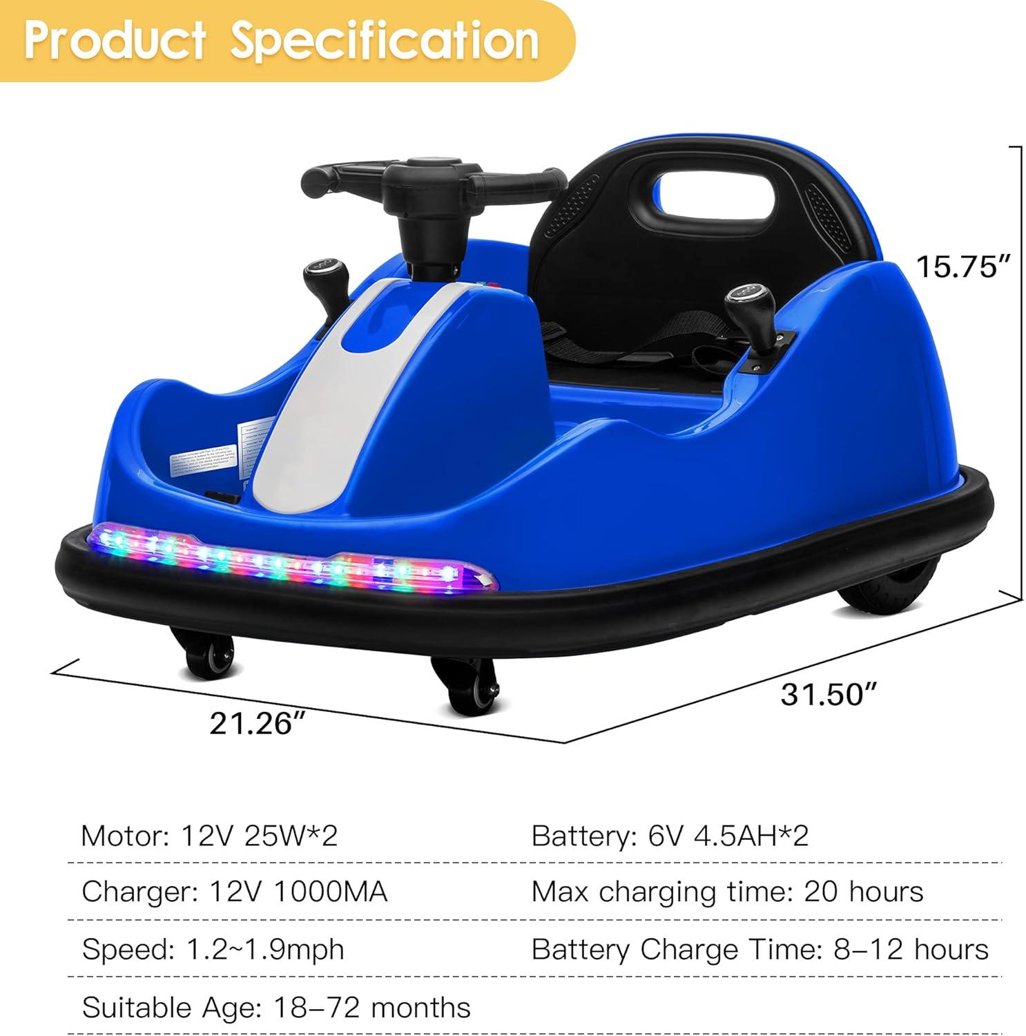 Blue 12V Electric Ride-On Bumper Car with LED Lights