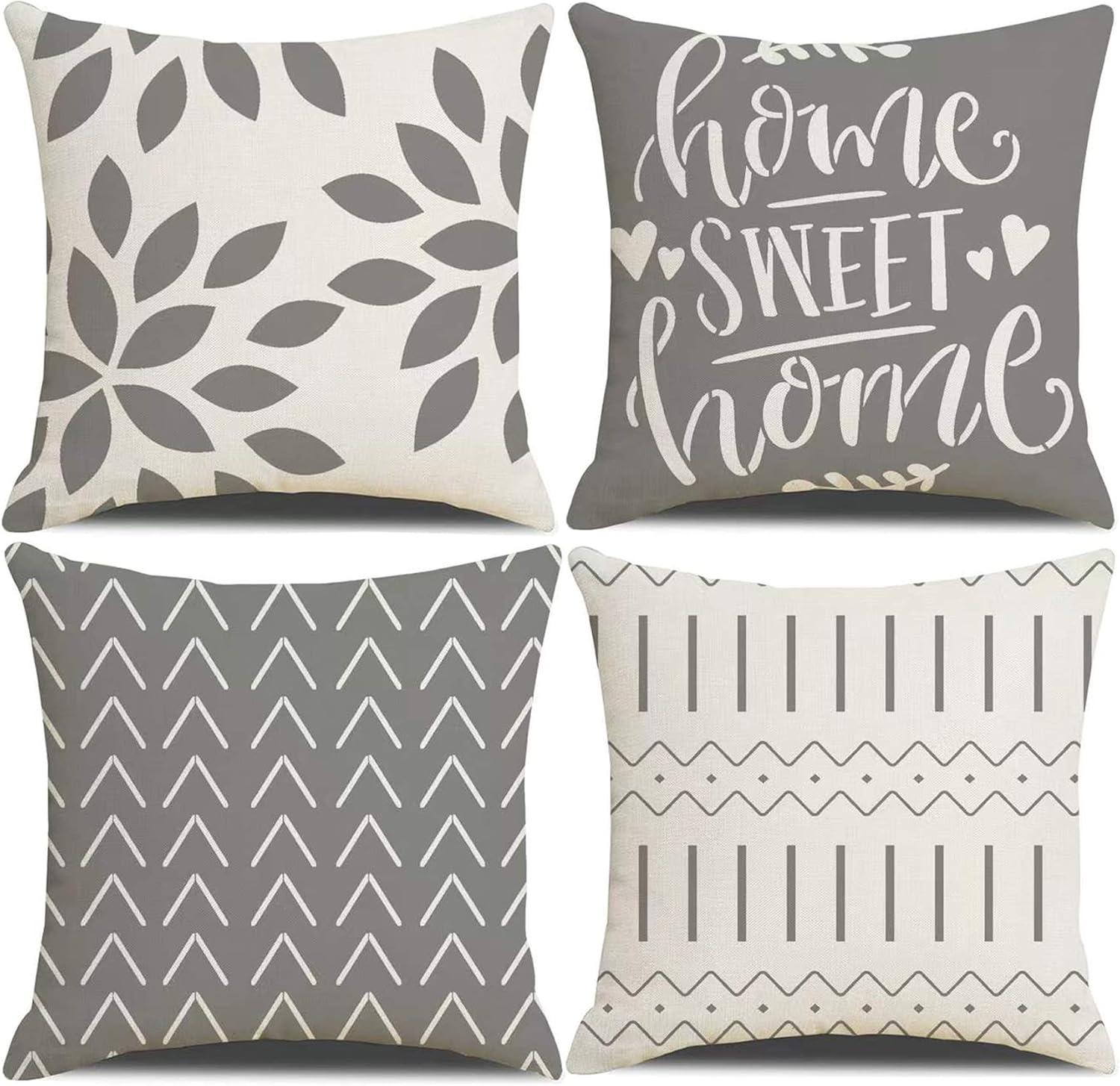 Rustic Gray and White Linen 18x18 Pillow Covers Set of 4