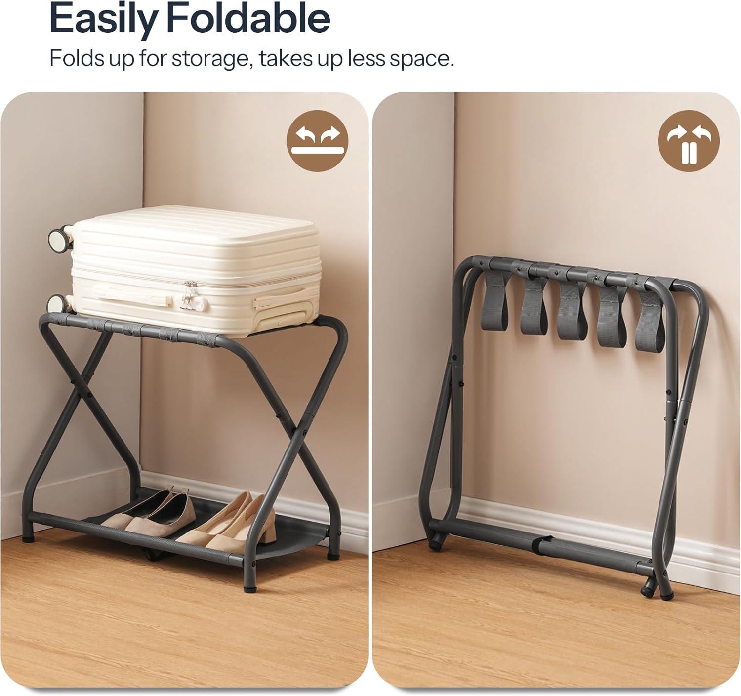 MEBROT Set Of 2, Foldable Suitcase Stands For Guest Room, Metal Luggage Holder With Storage Shelf For Bedroom, Hotel, Easy Assemble