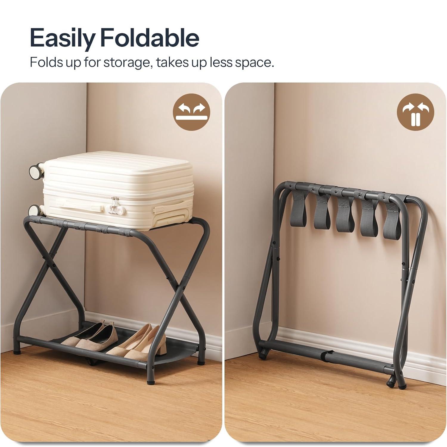 MEBROT Set Of 2, Foldable Suitcase Stands For Guest Room, Metal Luggage Holder With Storage Shelf For Bedroom, Hotel, Easy Assemble