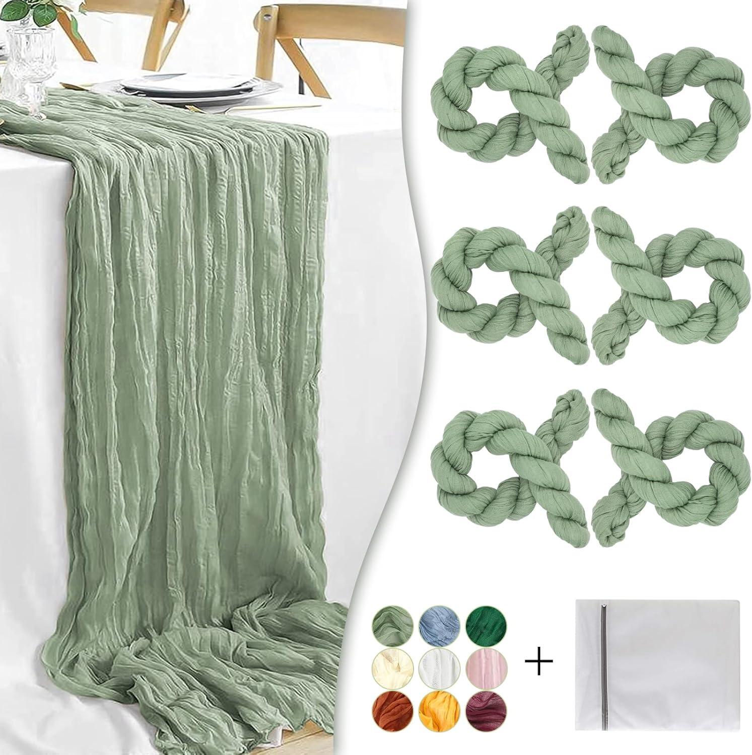 Mint Green Cheesecloth Table Runner 6 Pack 35" Boho Gauze Runner 120 inches Long Tablecloth Runner Rustic Sheer Fabric Bulk for Baby Shower Wedding Bridal Birthday Party Table Decorations