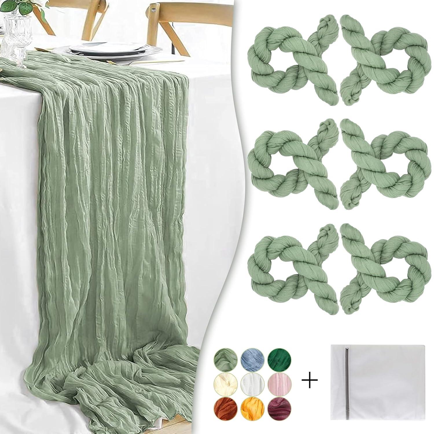 Mint Green Cheesecloth Table Runner 6 Pack 35" Boho Gauze Runner 120 inches Long Tablecloth Runner Rustic Sheer Fabric Bulk for Baby Shower Wedding Bridal Birthday Party Table Decorations