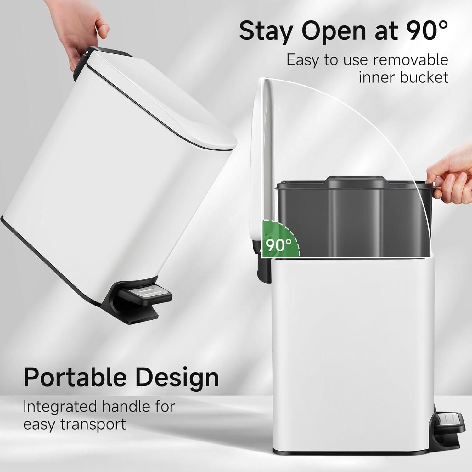 Small Bathroom Trash Can with Lid Soft Close, 6 Liter / 1.6 Gallon Stainless Steel Garbage Can Narrow with Removable Inner Bucket, Step Pedal (White)