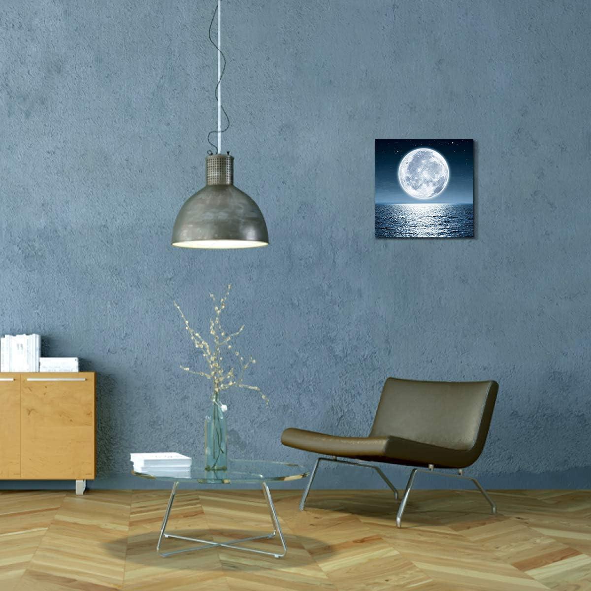 JEUXUS Moon Painting Canvas Wall Art - Moonrise On Sea Ocean Framed Pictures for Living Room Decorations  Home Office Modern Landscape Poster Nature Print Ready to Hang Bedroom Bathroom Artwork