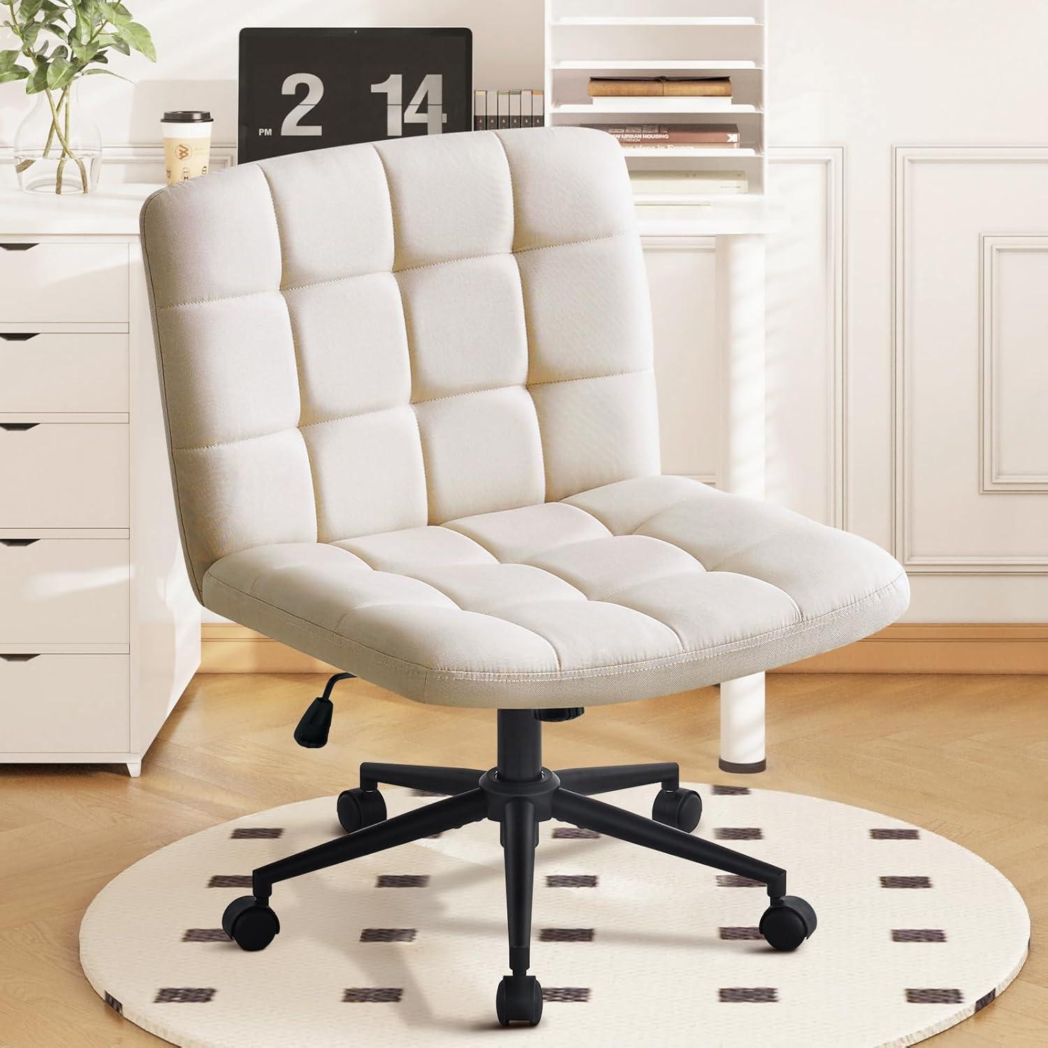 Furniliving Modern Armless Office Desk Chair, Velvet Cute Vanity Chair with Lumbar Support, 360° Swivel Office Chair for Bedroom, Office, Pink