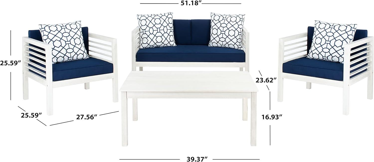 Alda 4 Piece Patio Outdoor Conversation Set With Accent Pillows - White/Navy/White - Safavieh