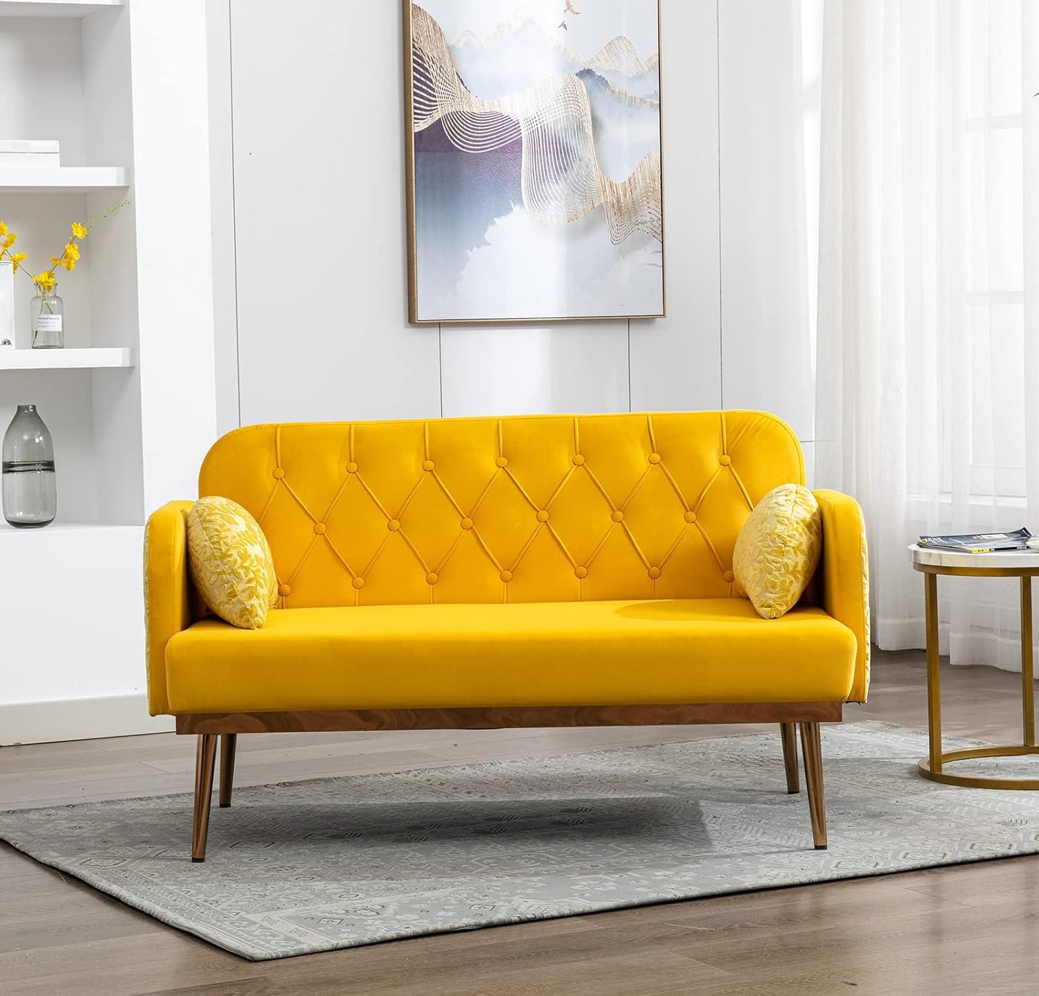 55" Velvet Sofa with 2 Pillows and Golden Metal Legs,Twin Size Loveseat Accent Couch with Button Tufted Backrest and Armrests, Living Room Sofa