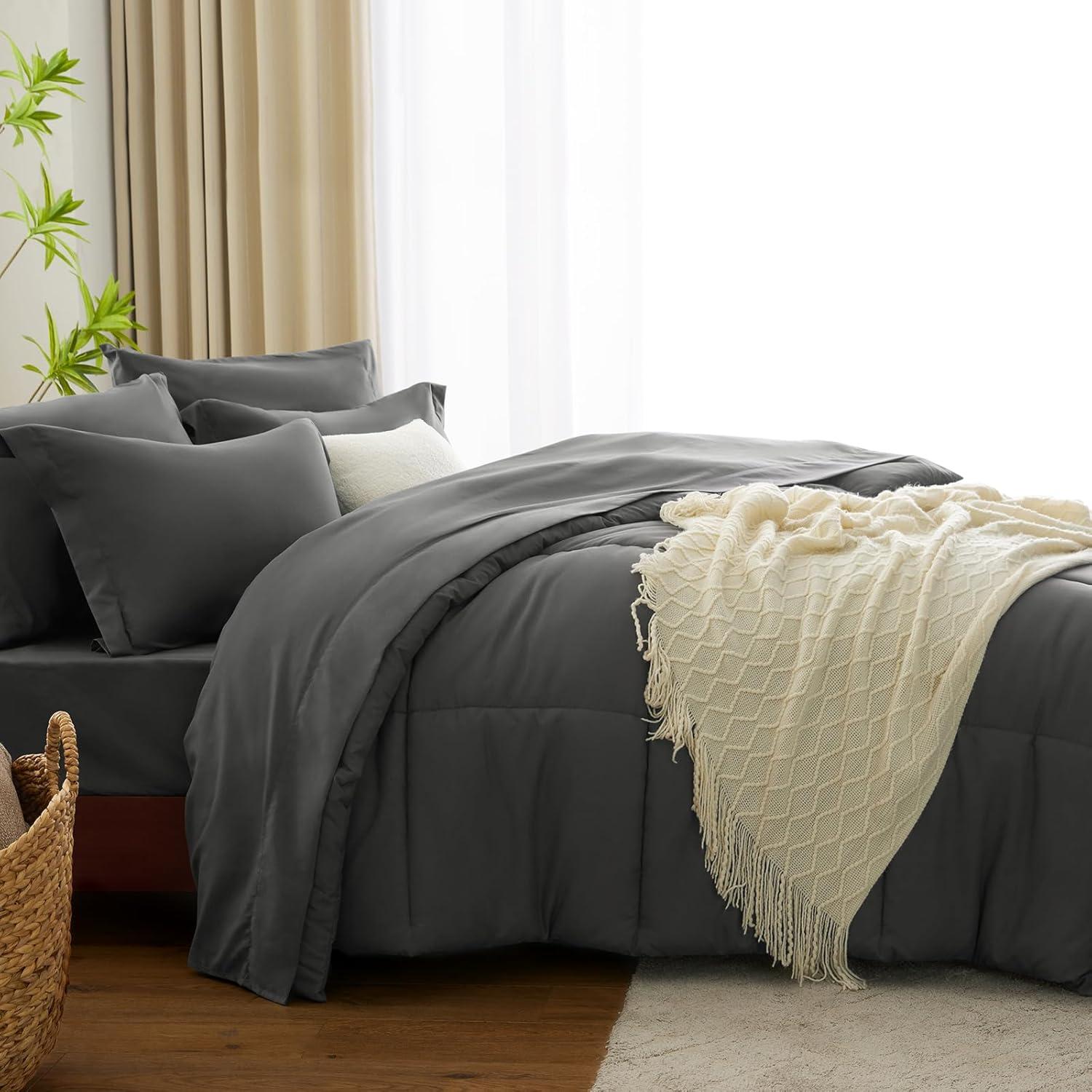 Queen Comforter Set - 7 Pieces Bed in a Bag Set Dark Grey, Bedding Sets Queen with All Season Quilted Comforter, Flat Sheet, Fitted Sheet, Pillowcases, Dark Gray, Queen