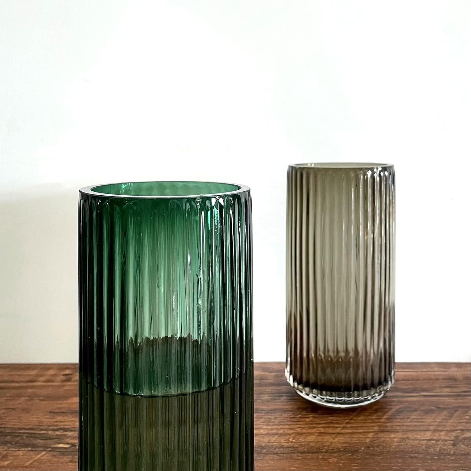 Hand Blown Ribbed Green Glass Decorative Vase