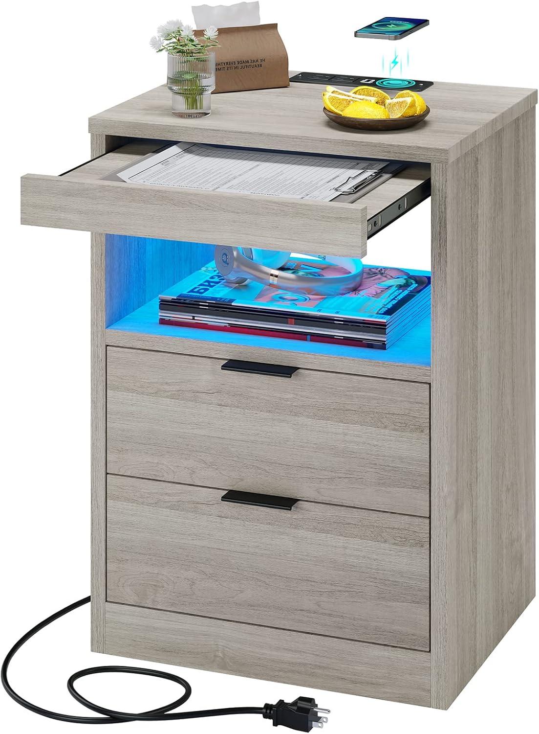 Exlonjet Black Nightstand with Wireless Charging Station and LED Lights, Bedside Table with 2 Drawers, Open Storage, 1 Pull-Out Tray, End Side Table with Charging Station, LED Night Stand with Storage