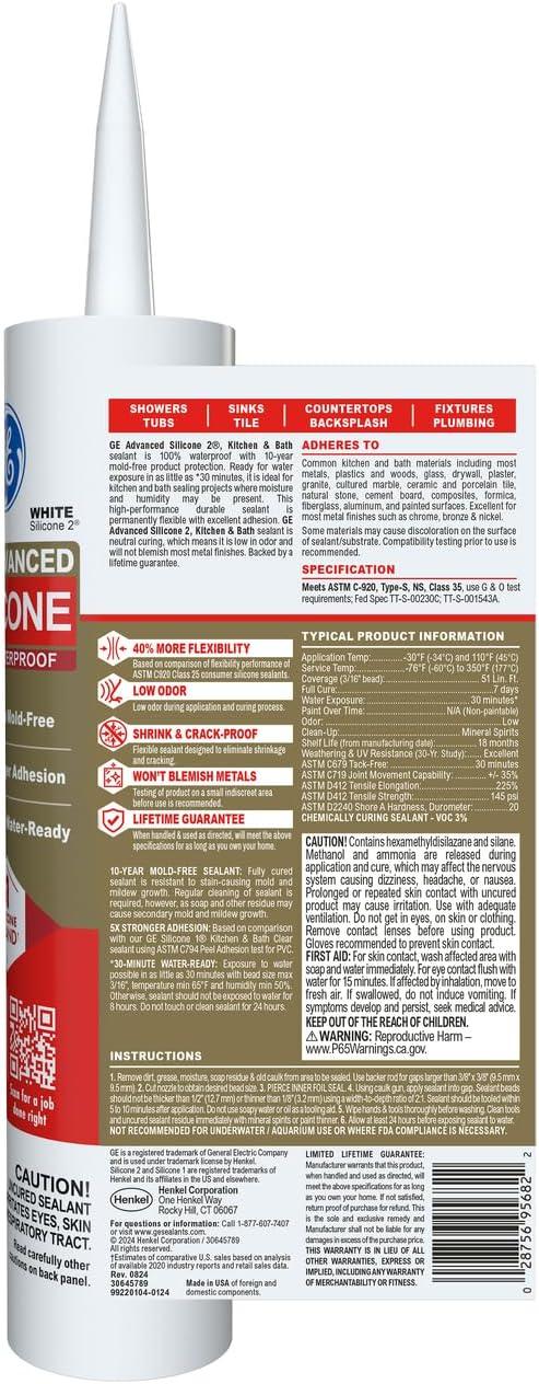 GE Advanced Silicone Kitchen & Bath Sealant, Pack of 1, White 10.1 fl oz Cartridge