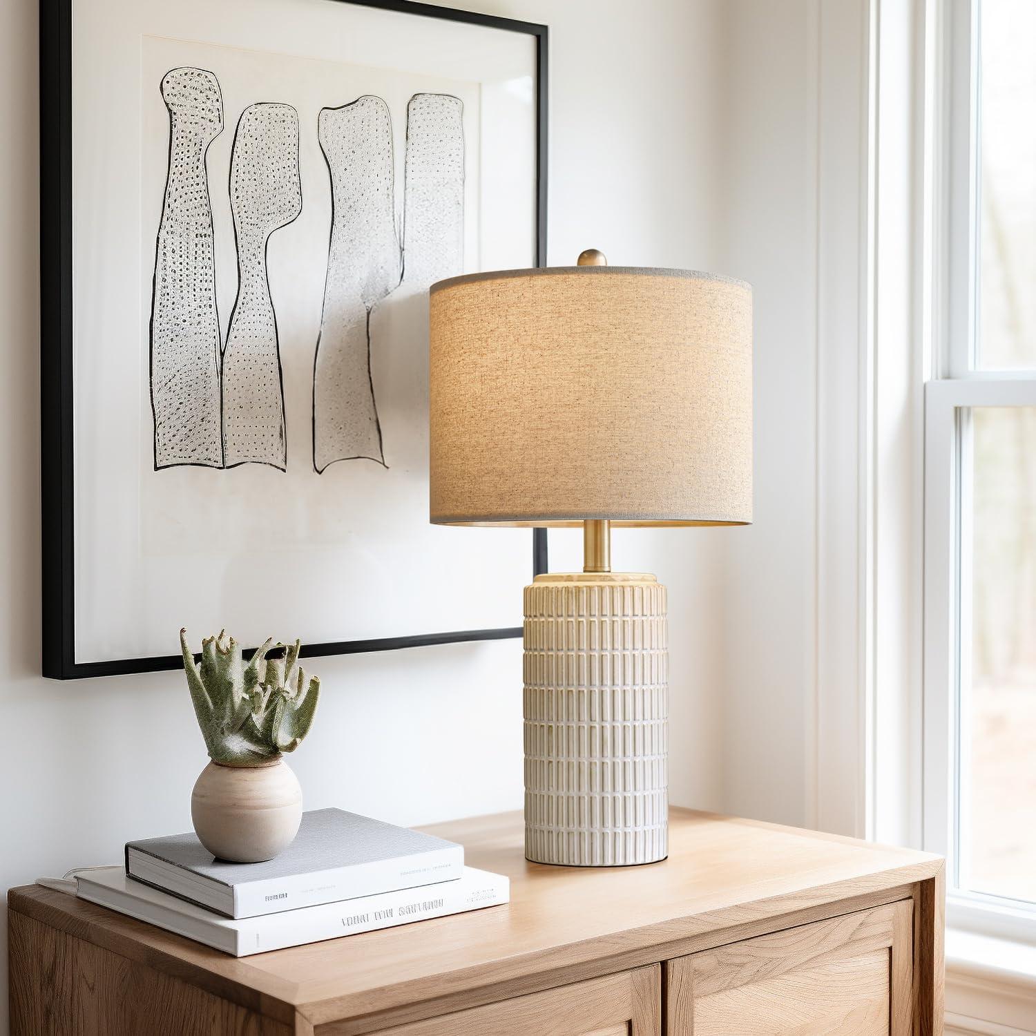23" Modern Ceramic Table Lamp Set of 2 for Living Room White Desk Lamps for Bedroom Farmhouse Bedside Nightstand Bedside Lamp End Table Lamps Beige