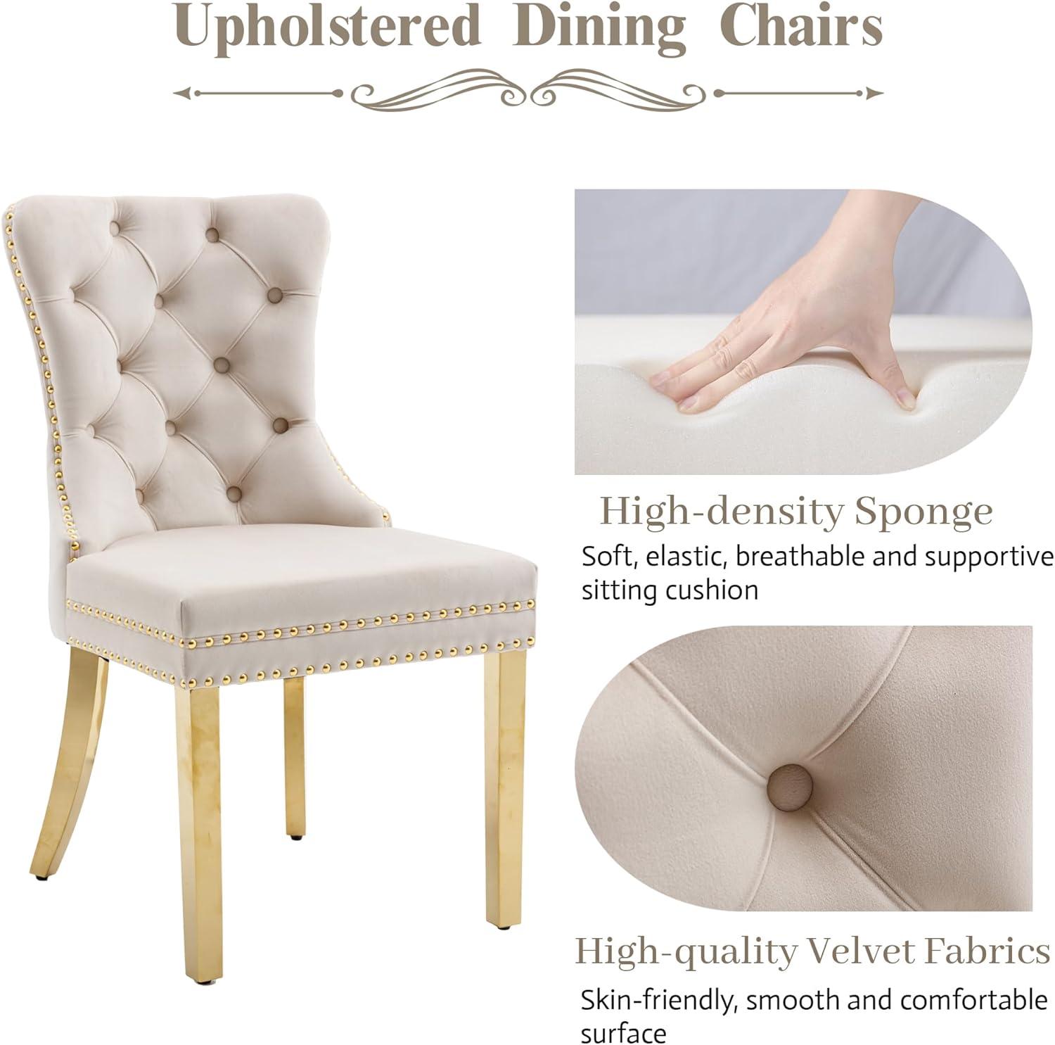 Beige Velvet Upholstered Dining Chairs with Gold Metal Legs, Set of 2