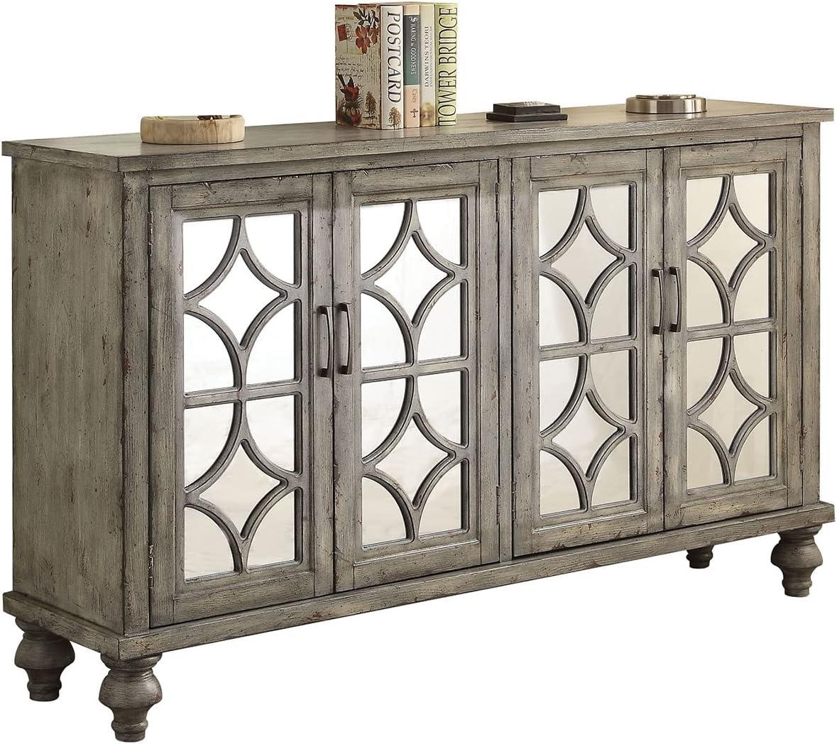 Velika Weathered Gray Wooden Console Table with Mirrored Doors