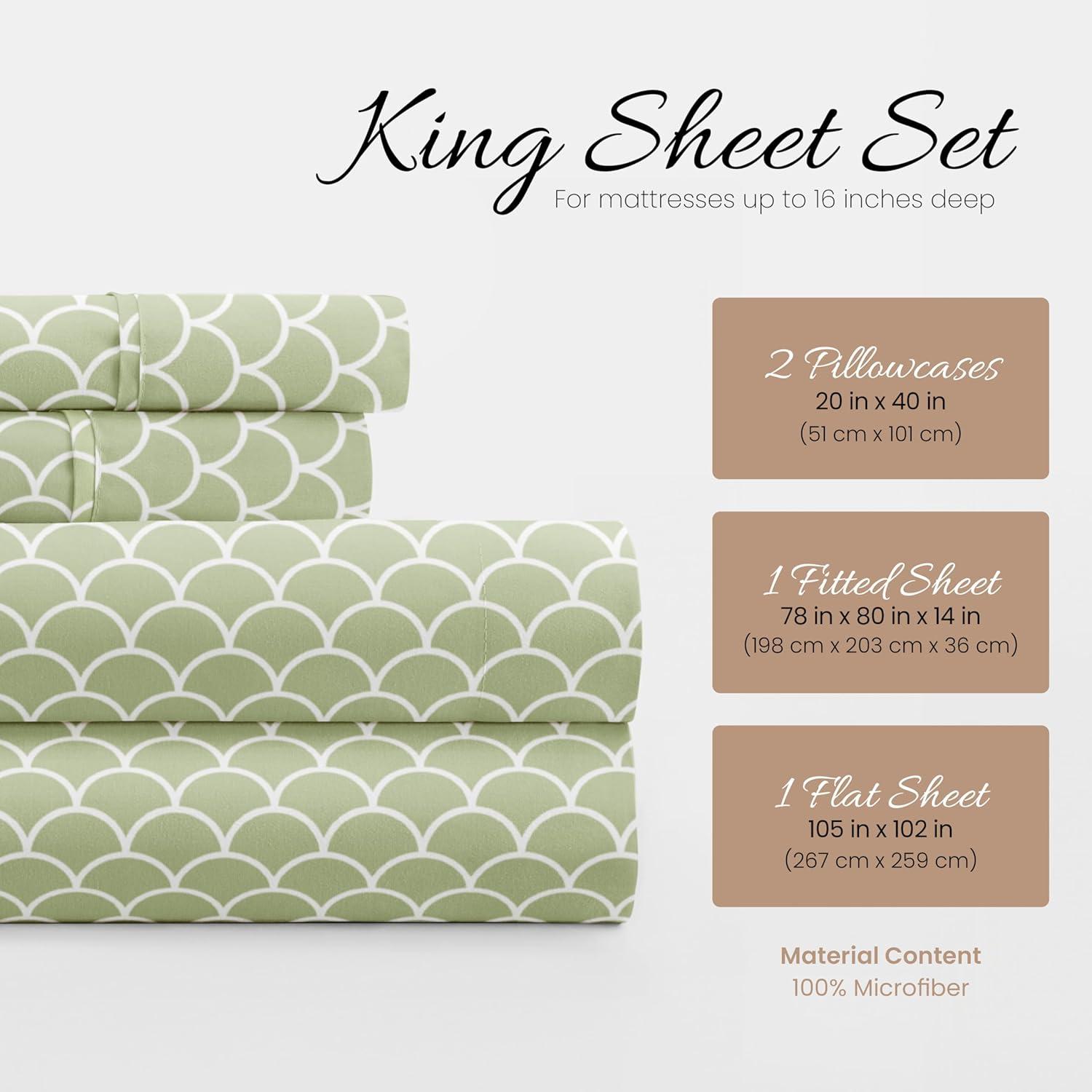 Linen Market Double-Brushed Patterned Microfiber King Sheet Set 4 Piece – Oeko-TEX Certified Ultra Soft & Wrinkle-Free - 16" Deep Pocket Sheets - Easy Care King Size - Scallops Sage