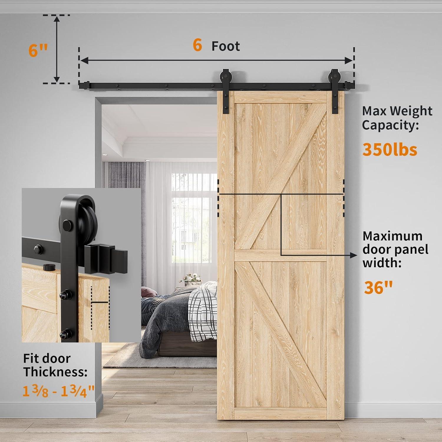 6FT Heavy Duty Barn Door Hardware Kit, Sliding Barn Door Hardware Kit for Wood Single Barn Door, Fit 1 3/8-1 3/4" Thickness & 36" Wide Door Panel, Black, Industrial Big Wheel J Hangers