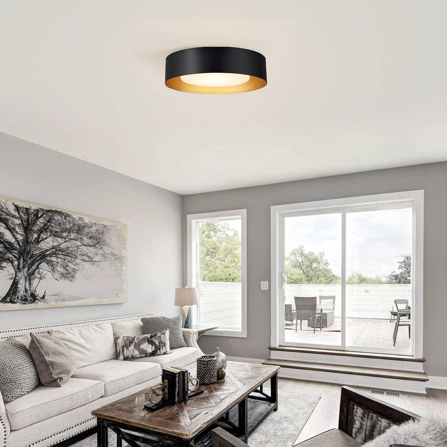 Modern Black and Gold Glass Drum Flush Mount Ceiling Light