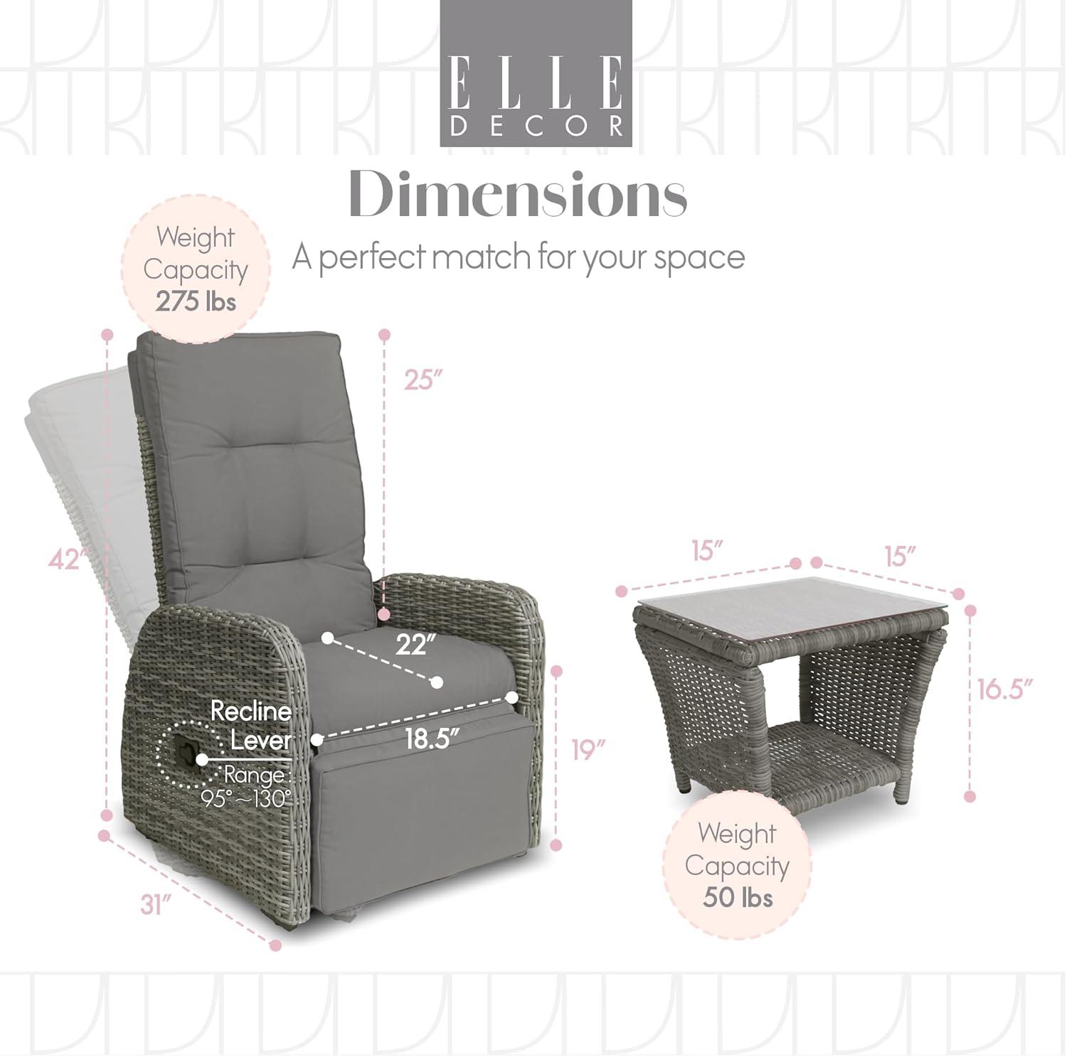 Elle Decor Vallauris 3-Piece Outdoor Reclining Chair Set, Grey