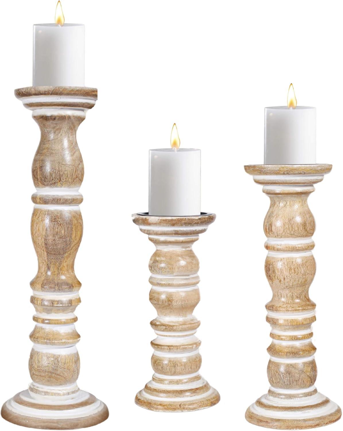 DecMode Traditional and Timeless Mango Wood Pillar Candle Holder Set of 3, 6", 8", 10"H, Cream Finish