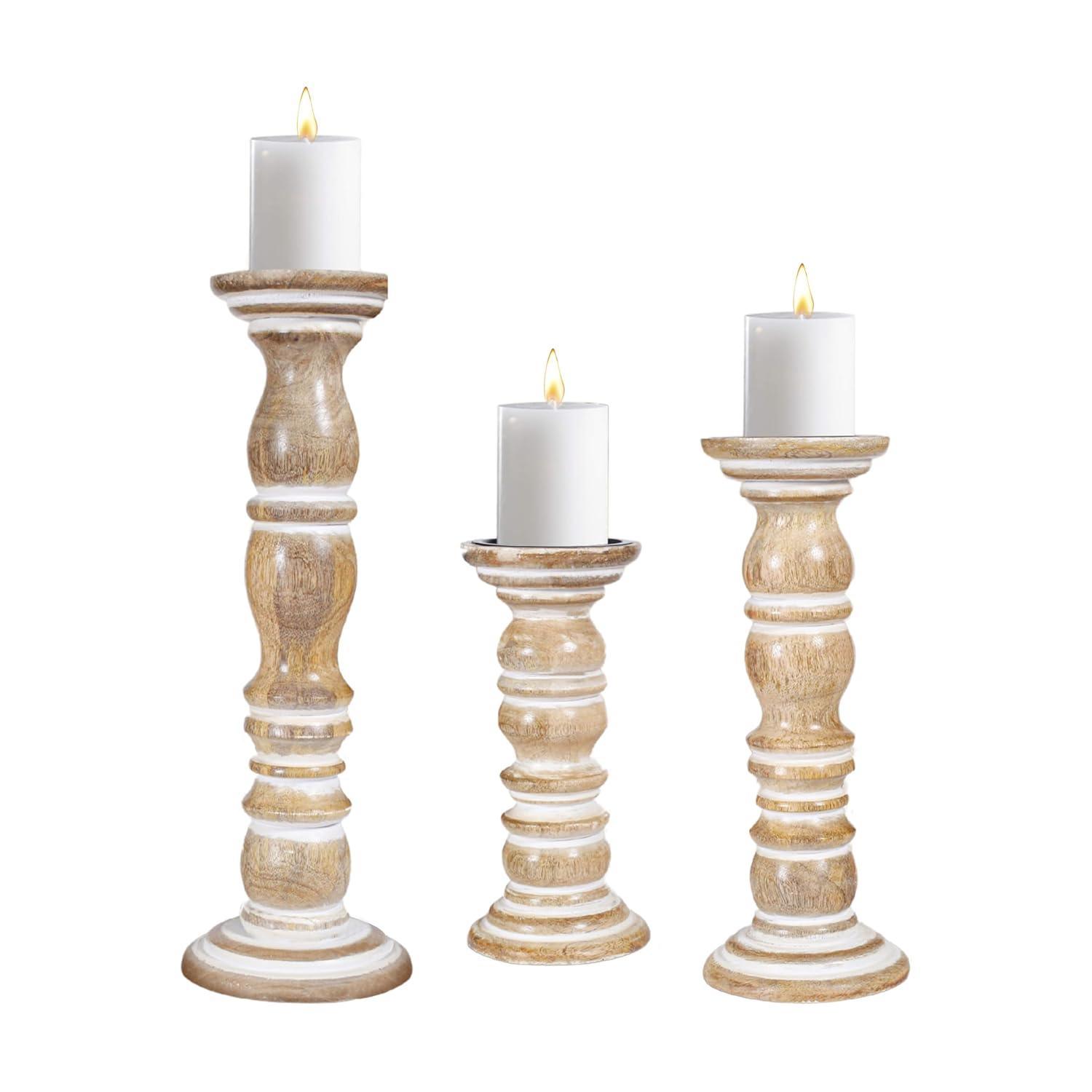DecMode Traditional and Timeless Mango Wood Pillar Candle Holder Set of 3, 6", 8", 10"H, Cream Finish