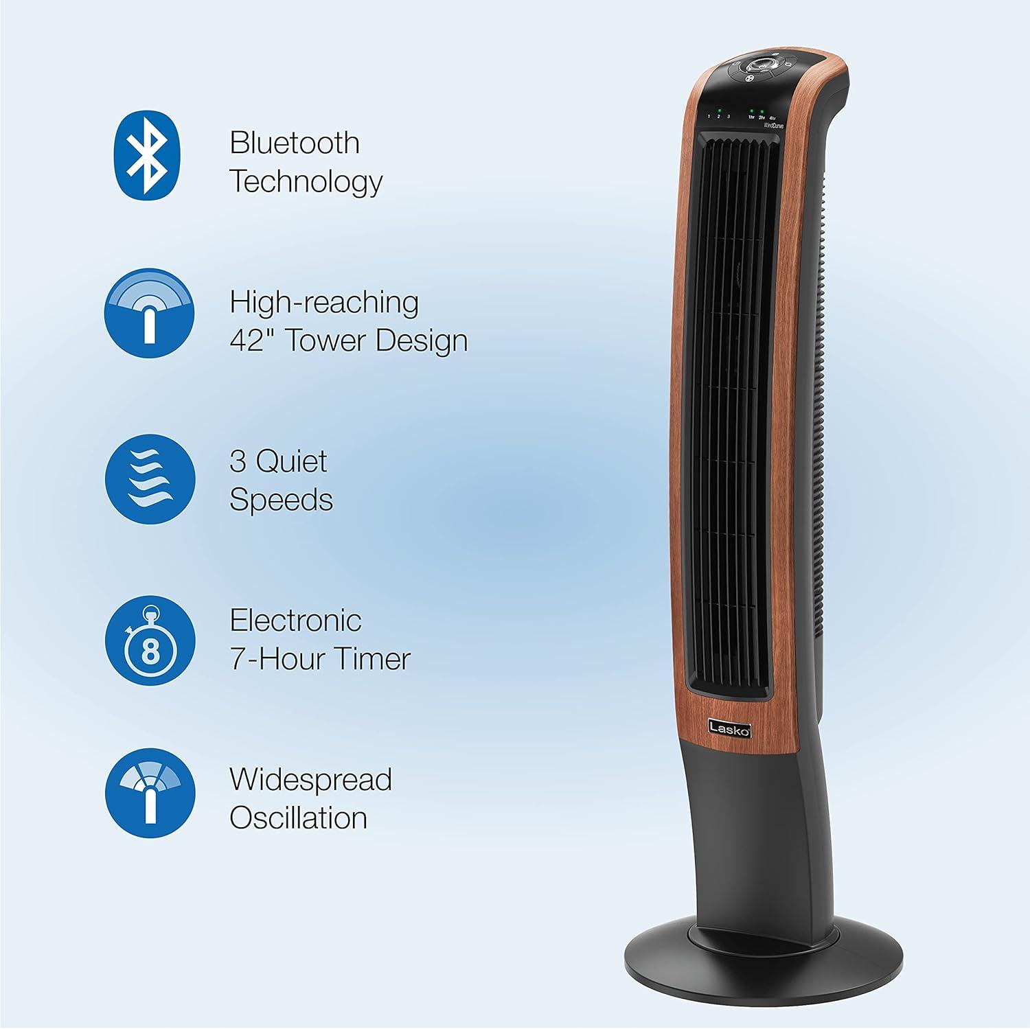 Lasko 42" Wind Curve Oscillating Tower Fan with Bluetooth® Technology, Black, T42905, New