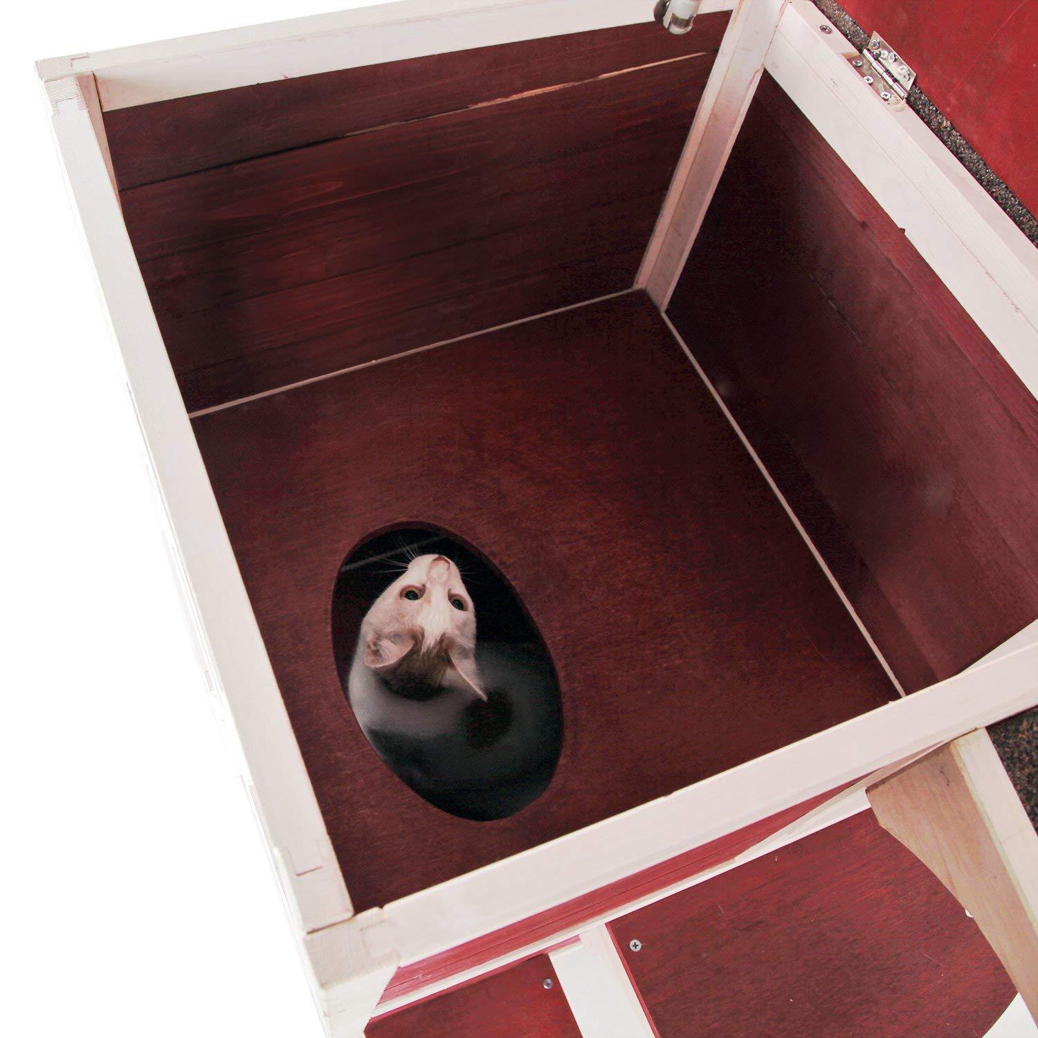 Petsfit 2-Story Weatherproof Outdoor Kitty Cat House/Condo/Shelter with Escape Door Red
