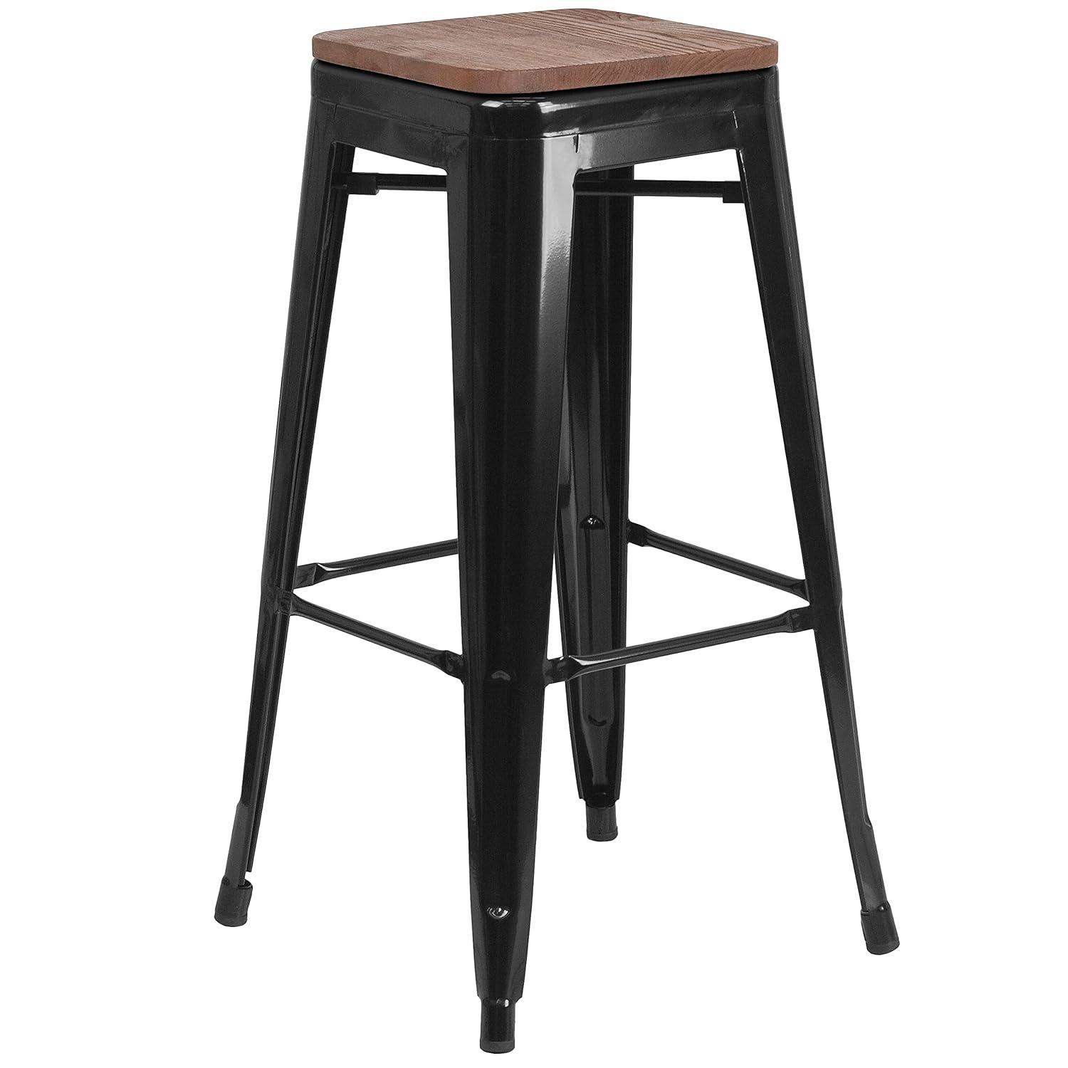 Flash Furniture Margherite 30" High Backless Metal Barstool with Square Wood Seat