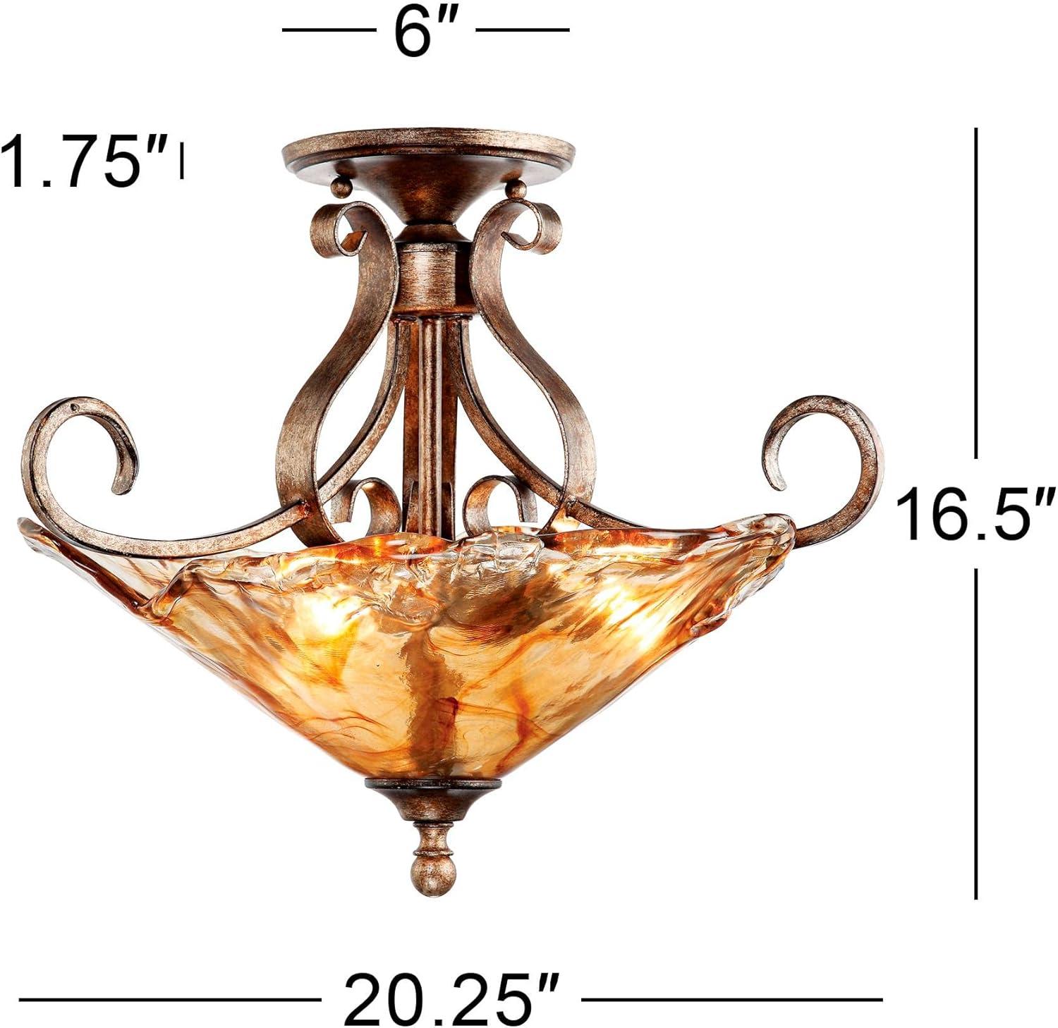 Franklin Iron Works Amber Scroll Modern Ceiling Light Semi Flush Mount Fixture 20 1/4" Wide Golden Bronze Art Glass for Bedroom Kitchen Living Room