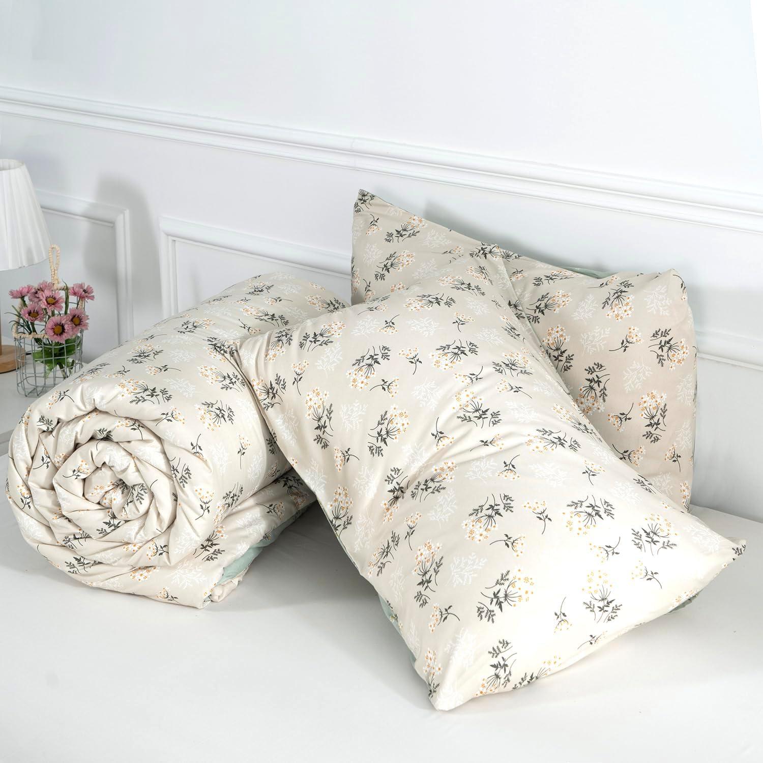 Floral Comforter Set King 3 Pieces Soft Chic Garden Style Green Floral Print Lightweight Botanical Flower Comforter Set for All Seasons 1 Comforter and 2 Pillowcases