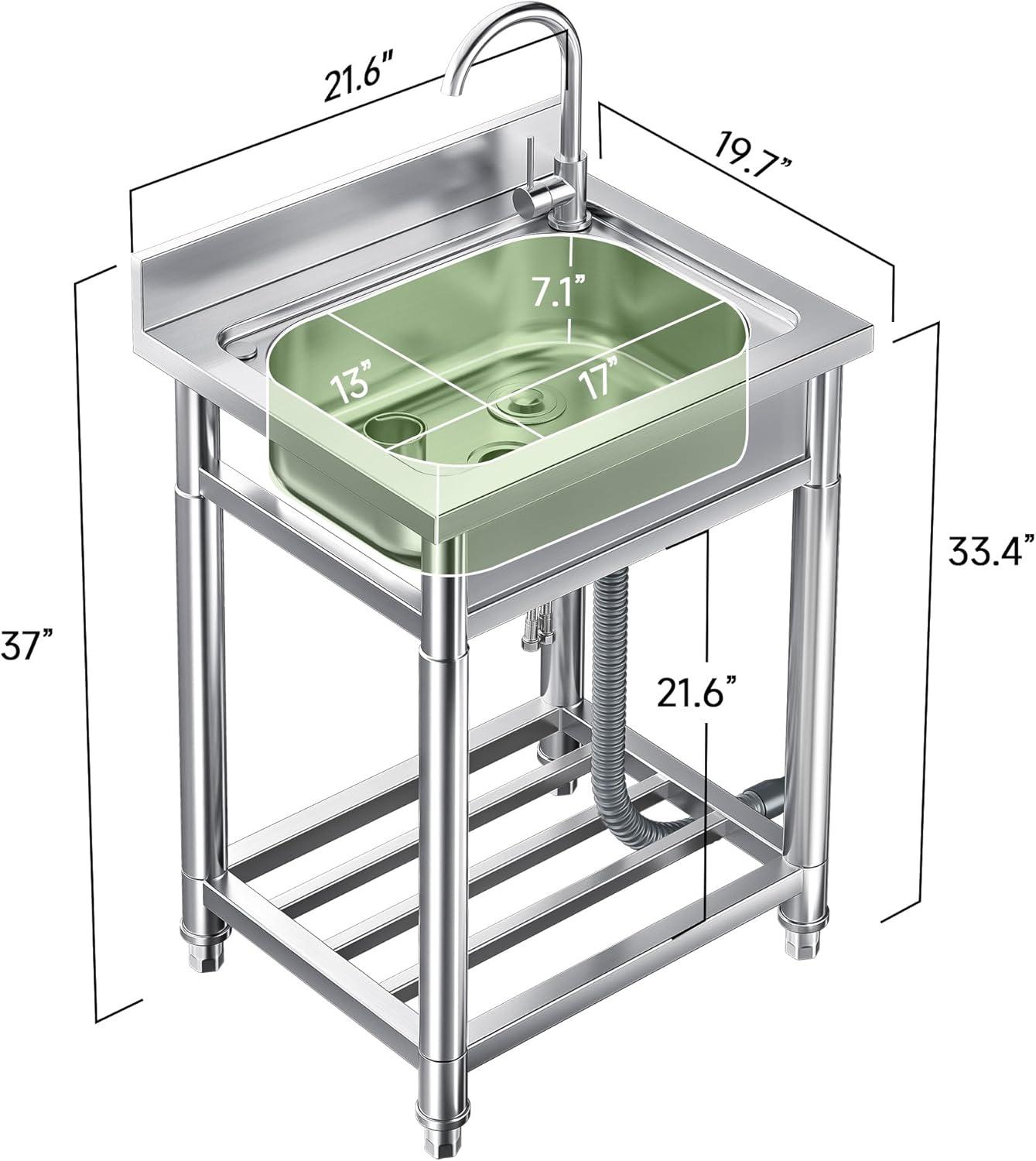 Freestanding Stainless Steel Utility Sink with Hot and Cold Water Pipes