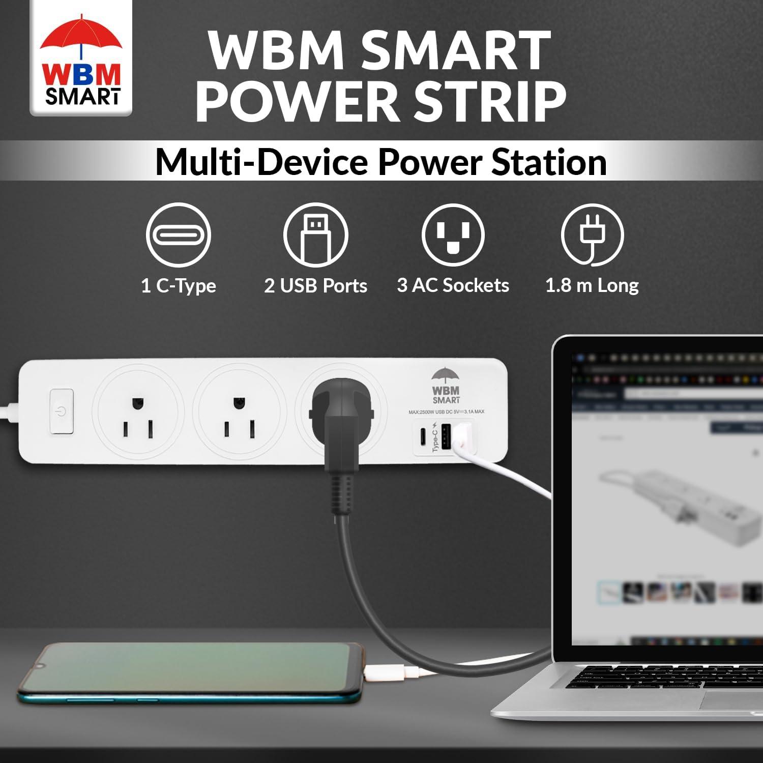 WBM Smart Power Strip 5.9 ft, Extension Cord Socket 10 A with 2 USB Ports and 1 Type C