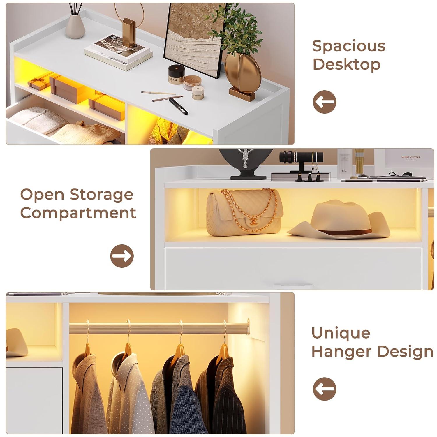 4 Drawer Dresser with Clothing Rack and LED Lights, Modern LED Dresser for Bedroom, Black