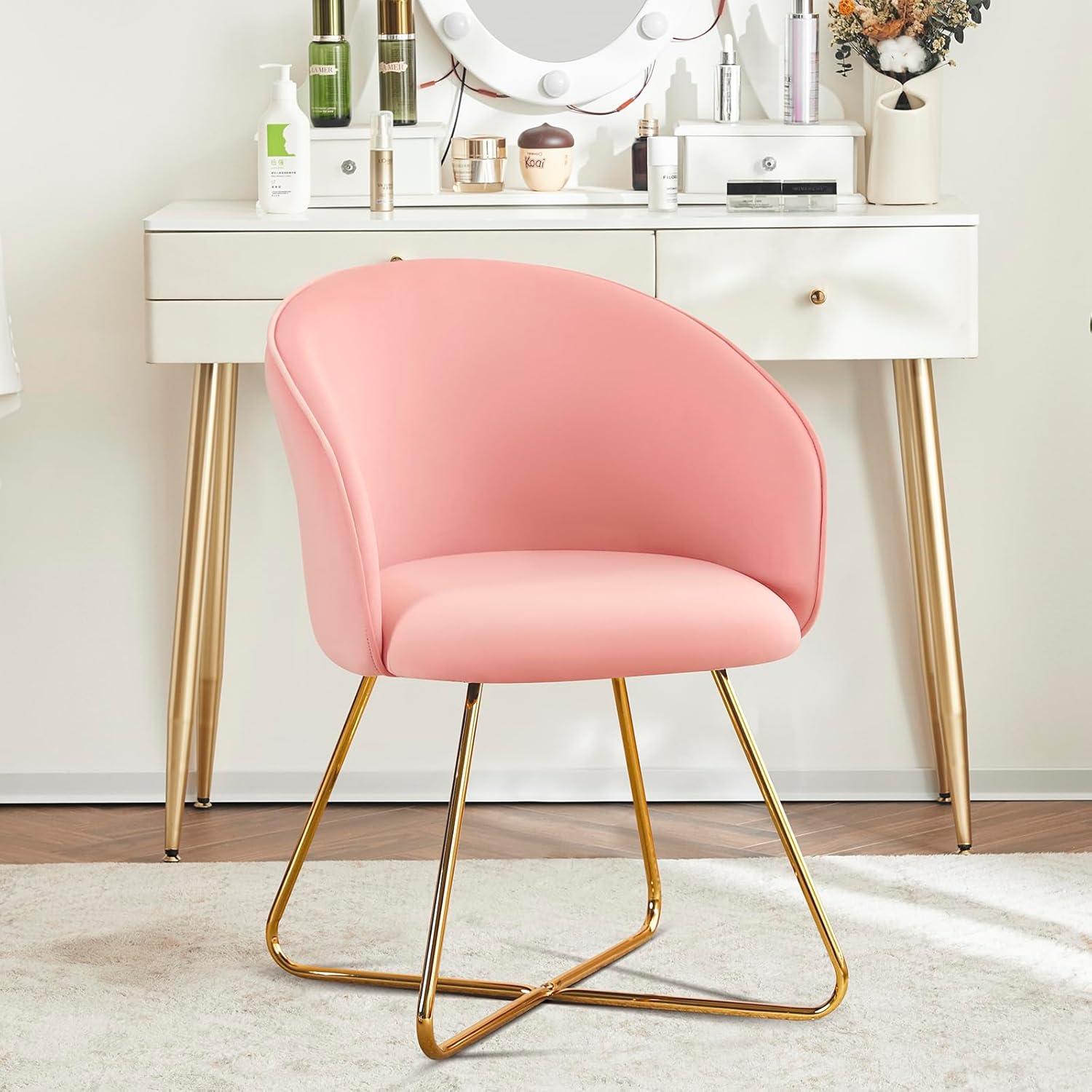 Furniliving  Velvet Upholstered Accent Chair Mid-Back Leisure Chairs Makeup Vanity Stool  , Pink