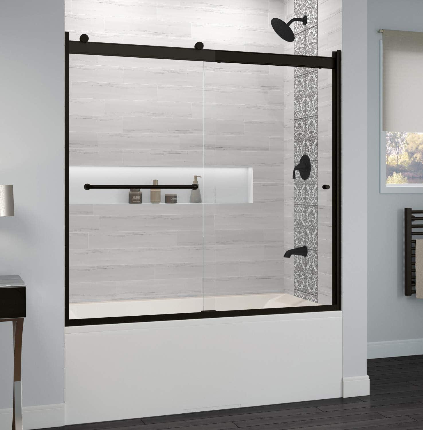 Rotolo Matte Black Semi-Frameless Sliding Tub Door with Clear Glass