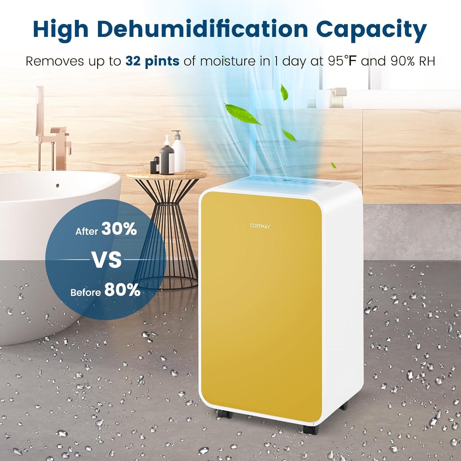 Costway Dehumidifier for Home Basement 32 Pints/Day 3 Modes Portable up to 2500 Sq. Ft Blue/Pink/Yellow