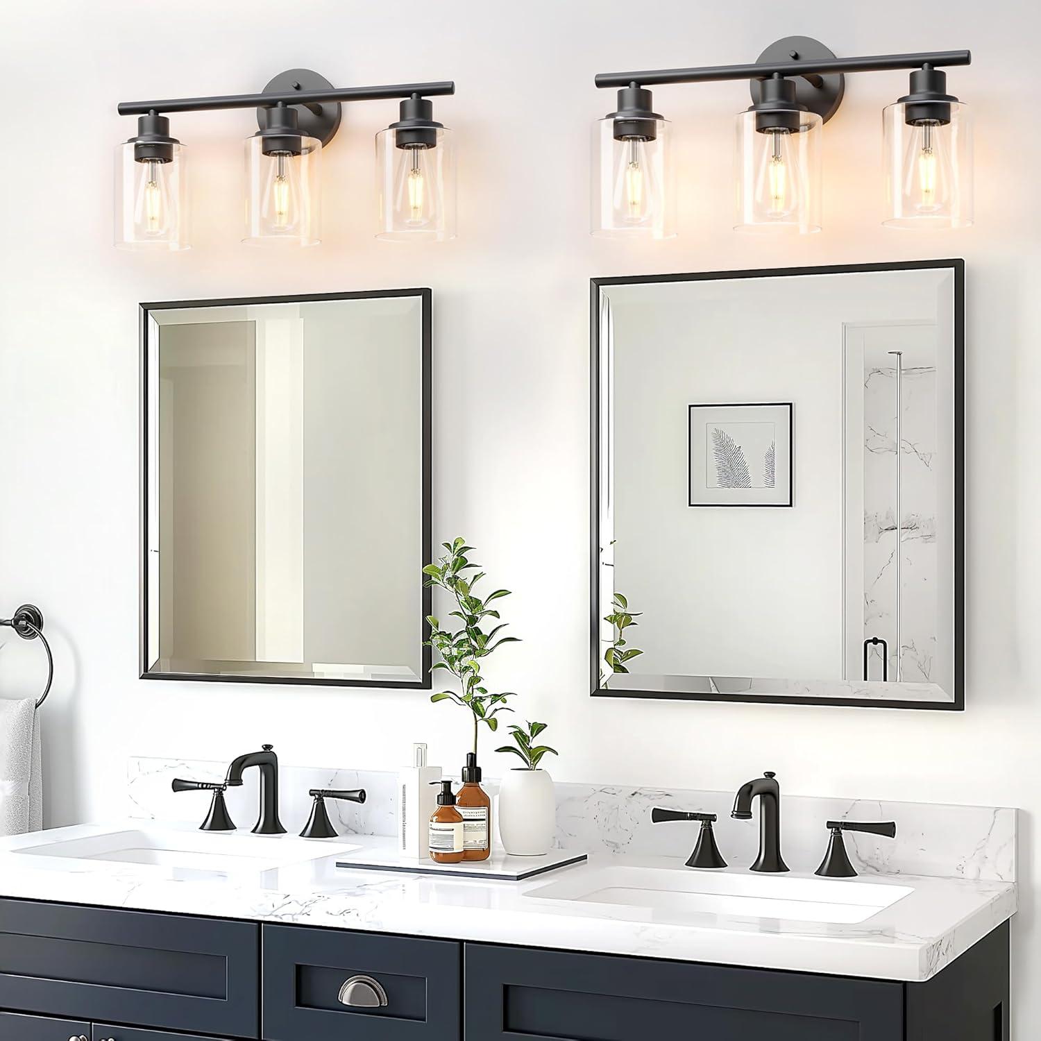 3-Light Bathroom Light Fixtures Bathroom Vanity Lights with Clear Glass Shades Matte Black Bathroom Light Fixtures over mirror for Mirror Living Room Cabinet Bedroom Porch